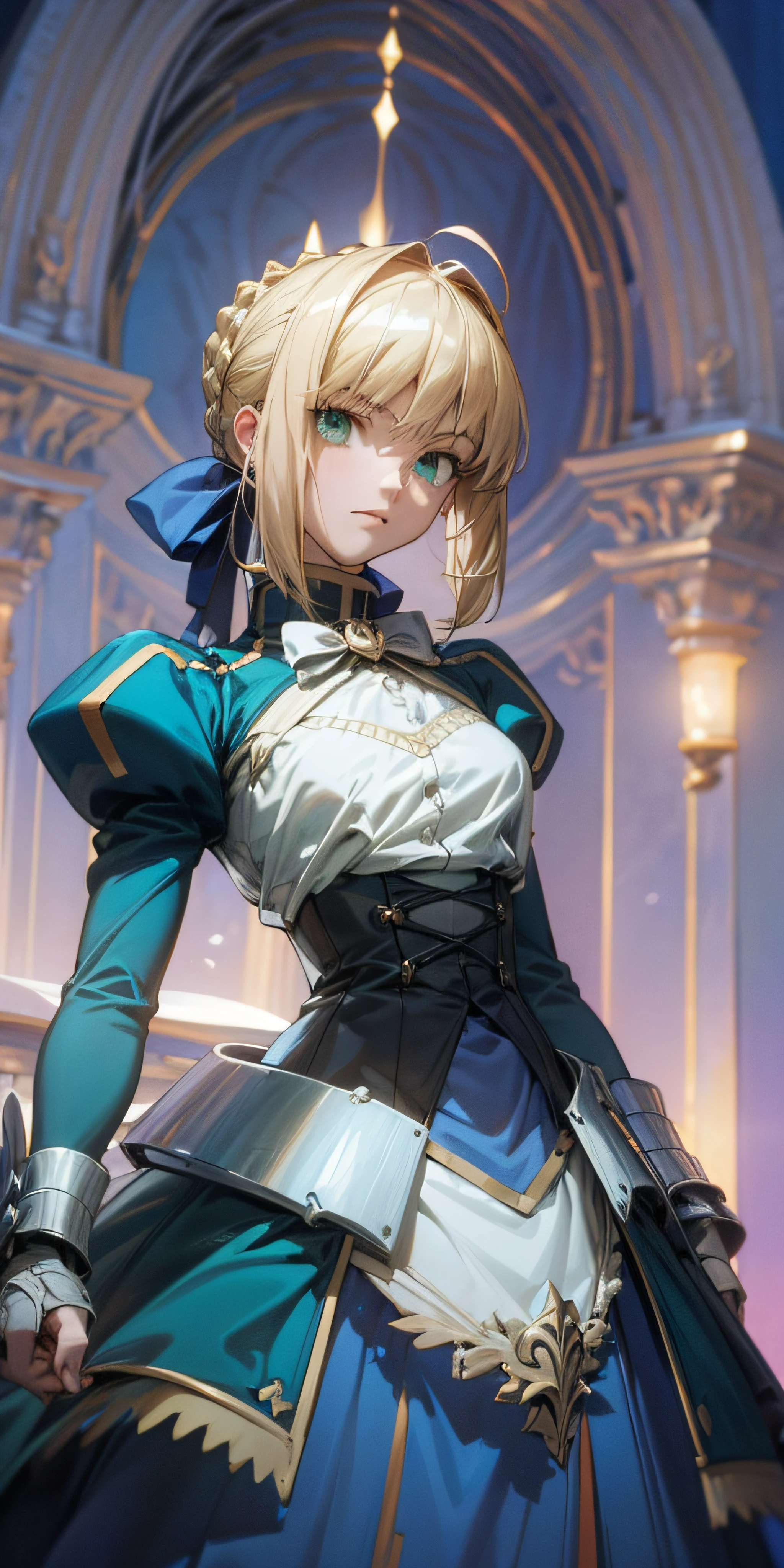 Artoria Pendragon \ (Destiny\, masterpiece, Best quality, High resolution, Ultra detailed, Art book, Anime coloring, CG, illustration, fantasy, 1 girl, solo, male focus, looking at the audience, Artoria Pendragon \ (destiny\), white shirt blue bow, blue short skirt, detailed beautiful face and eyes , mild sunlight with strong color contrast , warm environment, capable slender figure, dexterous dynamics, dim light around the girl gathered on the maiden, green eyes