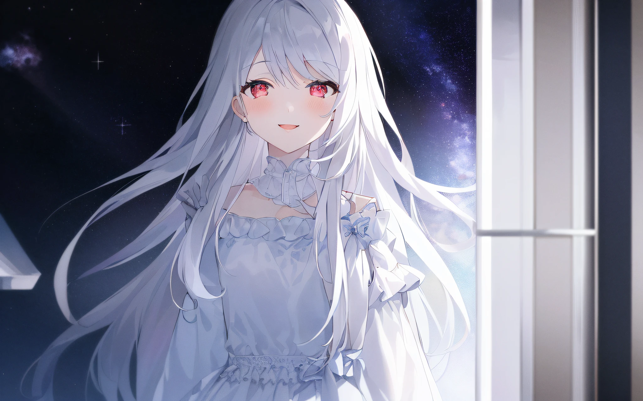1girl, full body, denim photo, (Rembrandt), illustration, (masterpiece), (best quality), (ultra_detailed), finely detail, (Depth of field), gloves, long hair, star\ (symbol\), looking at viewer, (Silver hair:1.2), red eyes, upper body, hair ornament, :p, frills, pink shirt, smile, sleeveless, shirt, idol, symbol-shaped pupils, hands up, brags smile, sleeveless, shirt, idol, hands up, bangs, side up, arms up, skirt pulling, roaring twenties, isometric, seen from above, sky, flowers, cliffs,