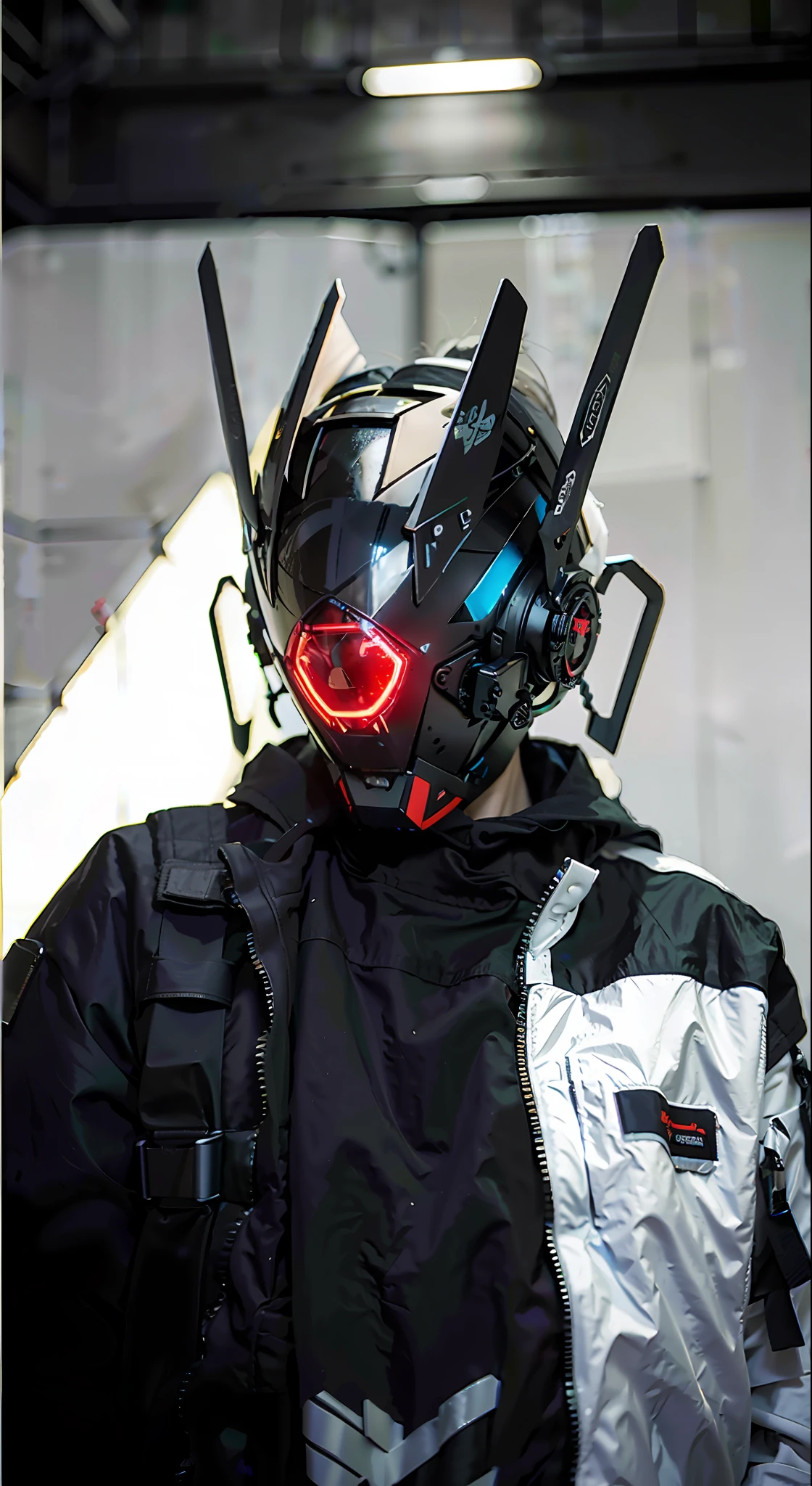 Masterpiece, best quality, a close-up of a futuristic-looking cyborg girl with a fantastic cyberhelmet head with red triangular LED lights and a halo, dressed in a black Techwear jacket, full body white background