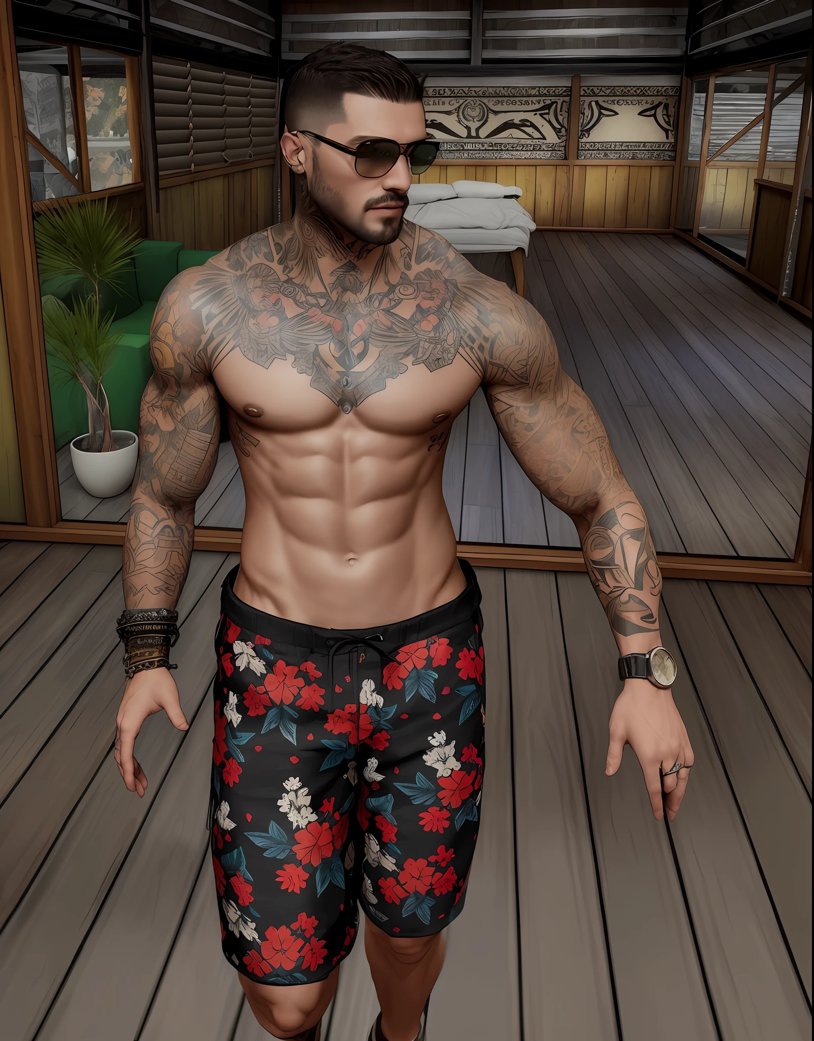 There's a man with tattoos on his chest and arms, shirtless or detailed, on clothes! Highly detailed, Daz. detailed, whole body!! maximalist details, highly detailed upper body