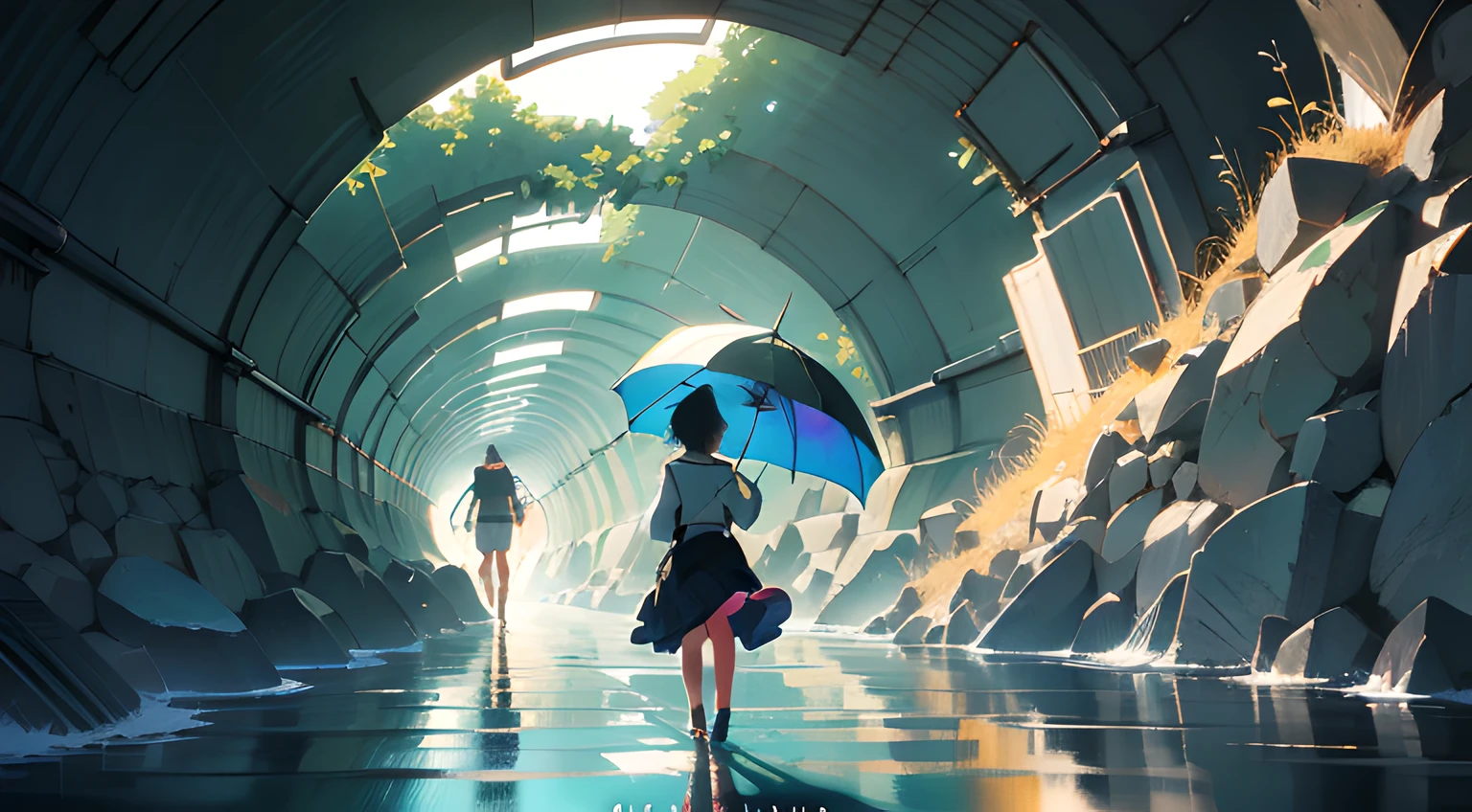 anime girl with umbrella standing in a tunnel of fish, wallpaper anime blue water, anime art wallpaper 4 k, anime art wallpaper 4k, makoto shinkai cyril rolando, anime art wallpaper 8 k, a beautiful artwork illustration, anime girl walking on water, 4k anime wallpaper, anime wallpaper 4k, anime wallpaper 4 k, beautiful art uhd 4 k