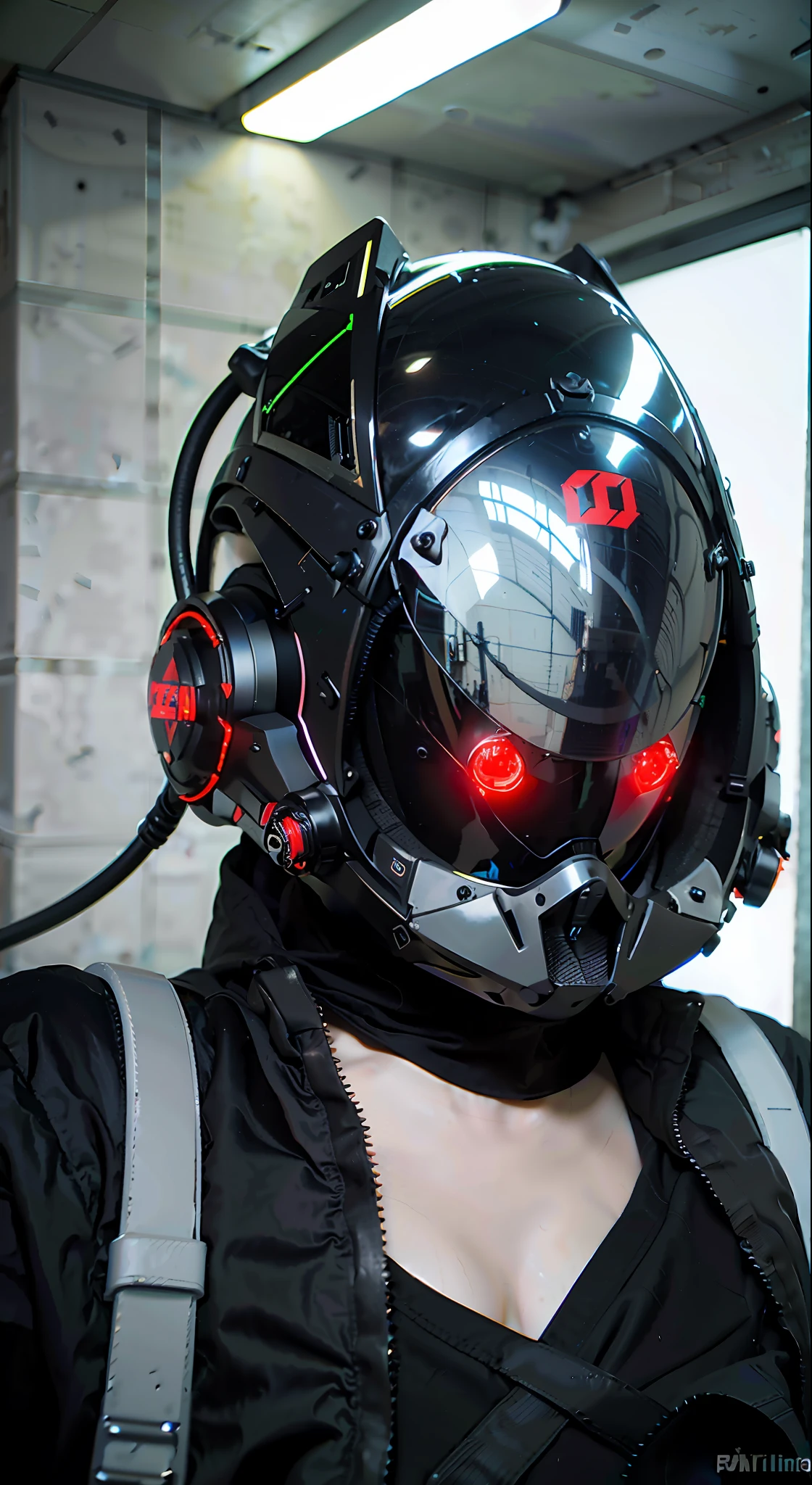 Masterpiece, best quality, a close-up of a futuristic-looking cyborg girl with a fantastic cyberhelmet head with red triangular LED lights and a halo, dressed in a black Techwear jacket, full body white background