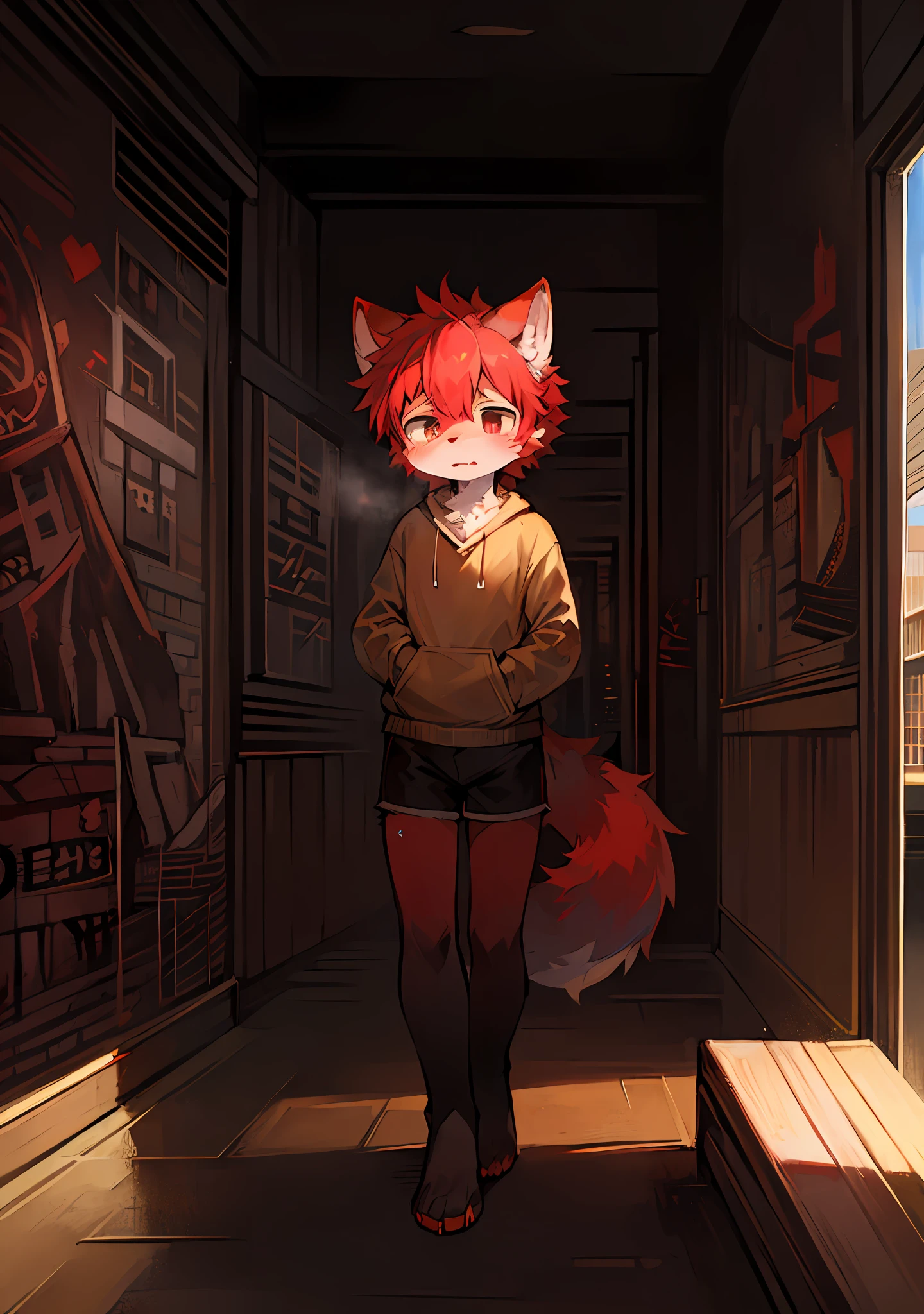(Dark Environment: 0.8), Masterpiece, High Quality, Abstract Res, Digital Painting\(artwork\), by Dagasi, Yupa, Kiyosan, (Anthro, Fluffy Fur, Character Focus: 1.1), Anthro Male Cat, Short Hair, Portrait , bright eyes, panorama, character focus. (Detailed background: 0.7), Solo, Furry, Furry male, Male focus, Anthr, (full body fur, fluffy tail, red fur, gray eyes, red hair: 1.2), (canine, enduring pain, determined: 1.2), (interior, daytime, city, graffiti: 1.1)