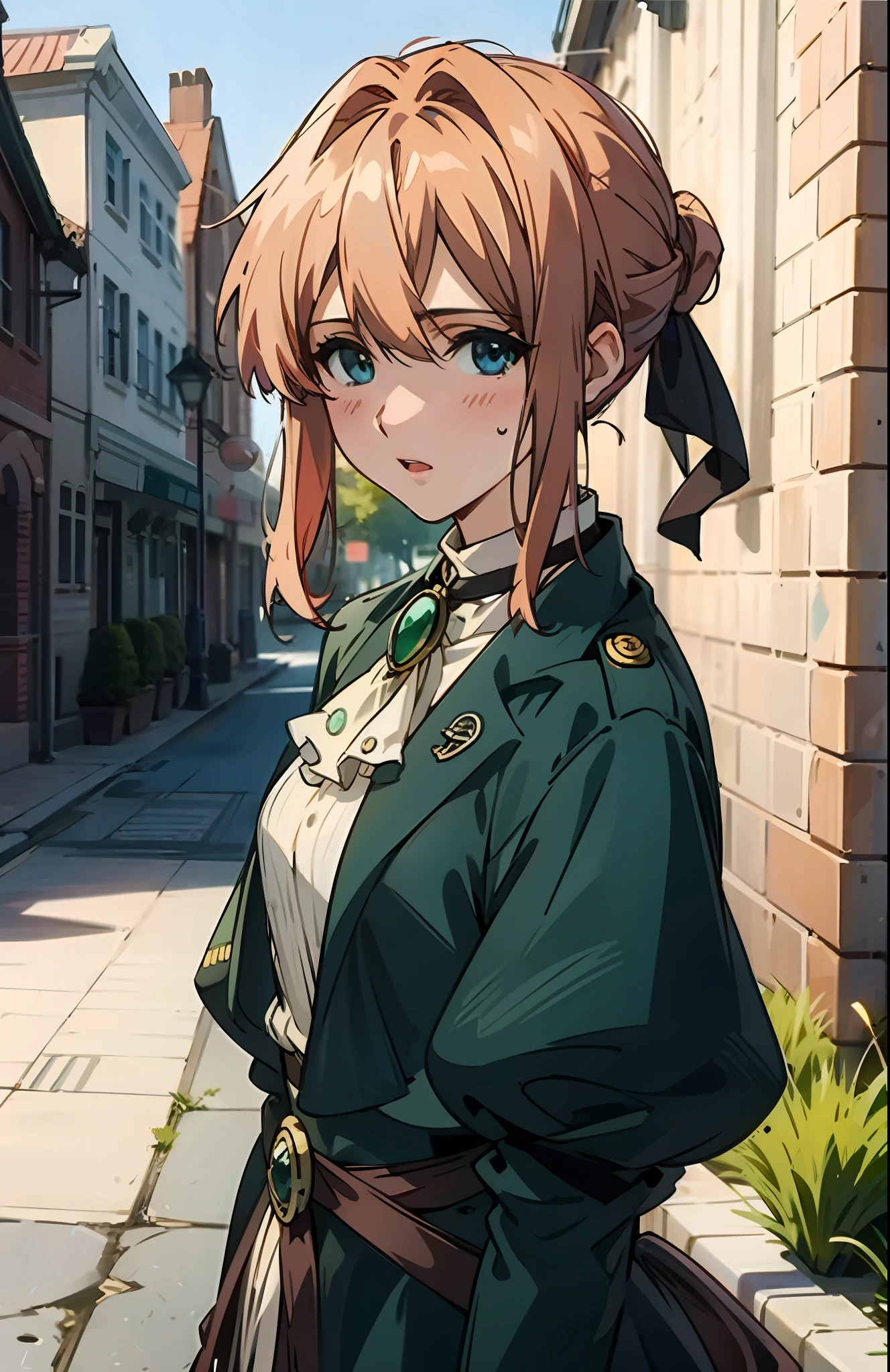 (masterpiece:1,2), Max Quality, cinematic highlight,tyndalleffect,high-definition, 4K,high-definition, original, very detailed wallpaper, Perfect lighting,(very detailed CG:1.2), icbm,
Blue Eyes, solo、, violet_evergarden, jewelry, blonde updo hair with ribbon, LONG SLEEVES, Brooch, ribbons、, aqua eyes,(red hair ribbon),(jackets、), one piece,, (emeralds,gem, Brooch), (((only face))),town、, hill, sunset street, (Look at the Viewer:1.3),