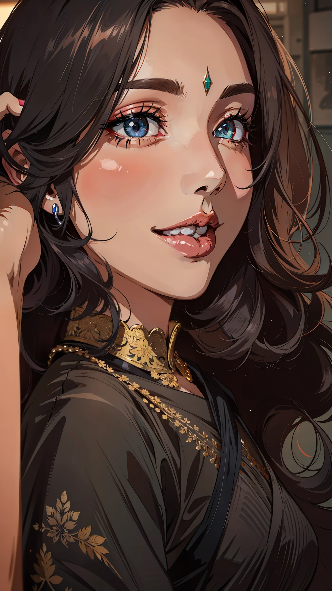 (masterpiece),(best quality:1.0), (ultra highres:1.0), detailed illustration, 8k, anime, 1girl, beautiful anime girl, wearing a black saree, intricate details, black eyes, detailed eyes, black hair, detailed hair detailed, highlights on hair, smile, red lipstick, red lips, detailed lips, anime style, best quality, detailed