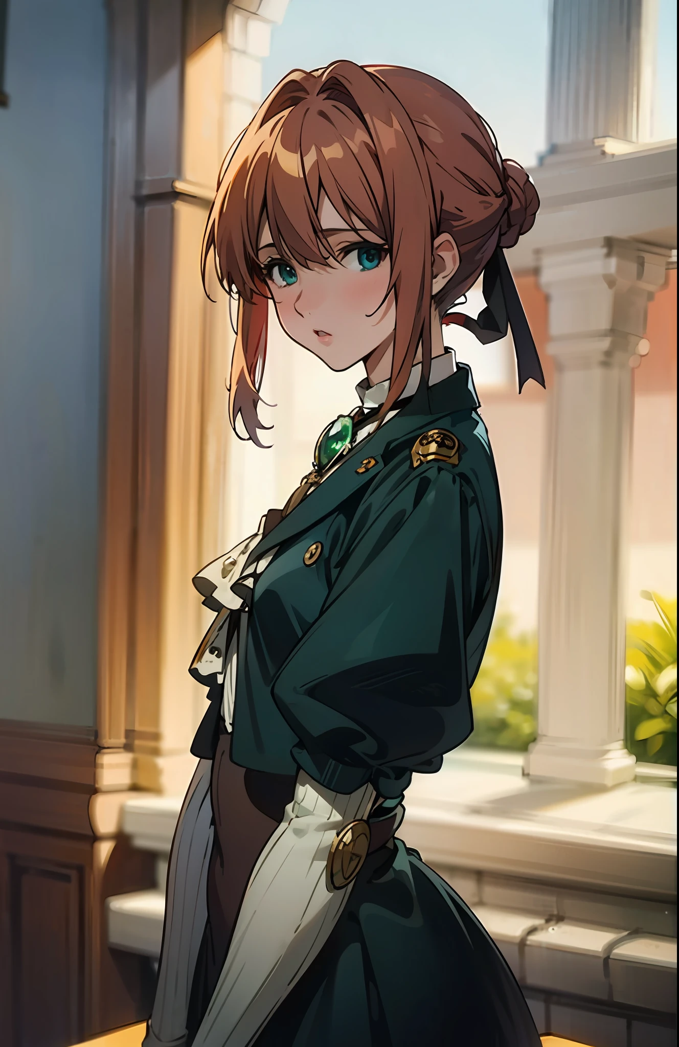 (masterpiece:1,2), Max Quality, cinematic highlight,tyndalleffect,high-definition, 4K,high-definition, original, very detailed wallpaper, Perfect lighting,(very detailed CG:1.2), icbm,
Blue Eyes, solo、, violet_evergarden, jewelry, blonde updo hair with ribbon, LONG SLEEVES, Brooch, ribbons、, aqua eyes,(red hair ribbon),(jackets、), one piece,, (emeralds,gem, Brooch), (((only face))),town、, hill, sunset street, (Look at the Viewer:1.3),