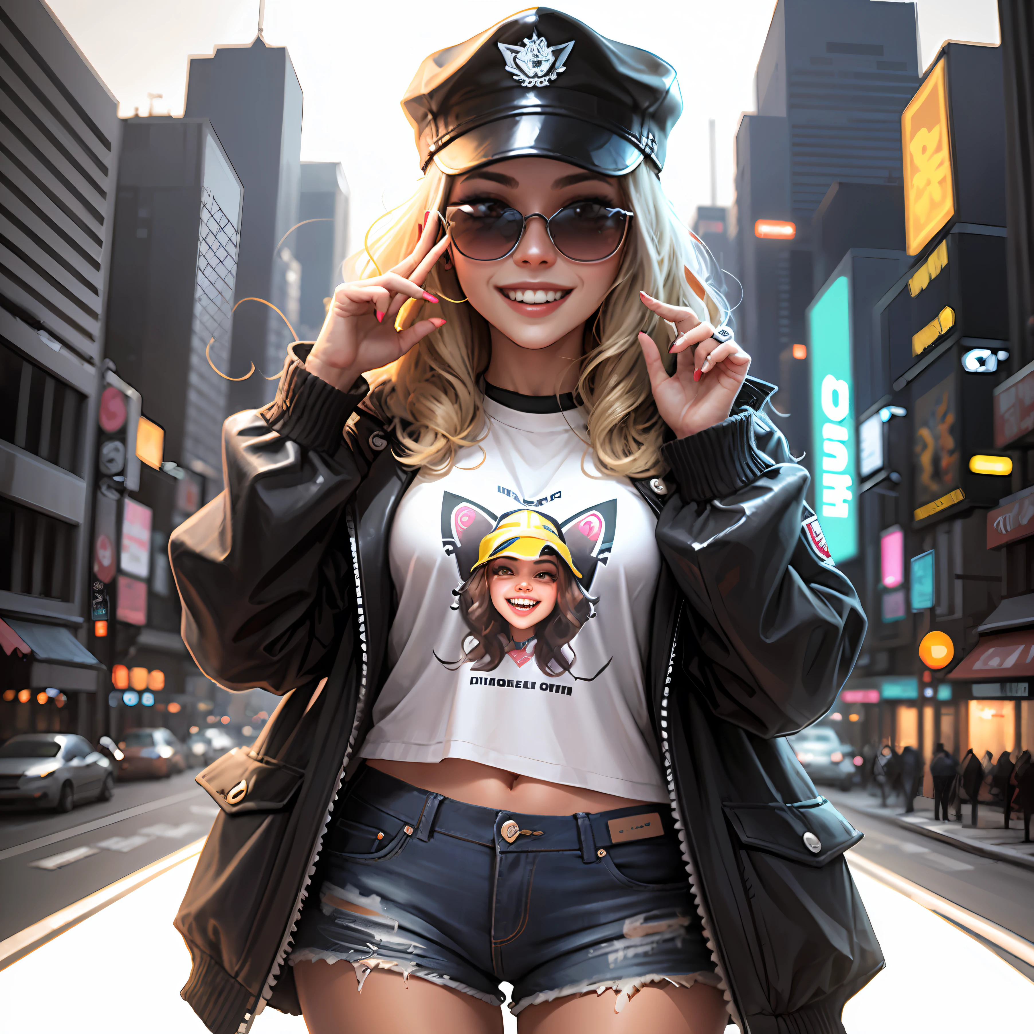 Create a mascot of a happy girl wearing cap and sunglasses smiling white background, oil pointing paint, cyberpunk --auto