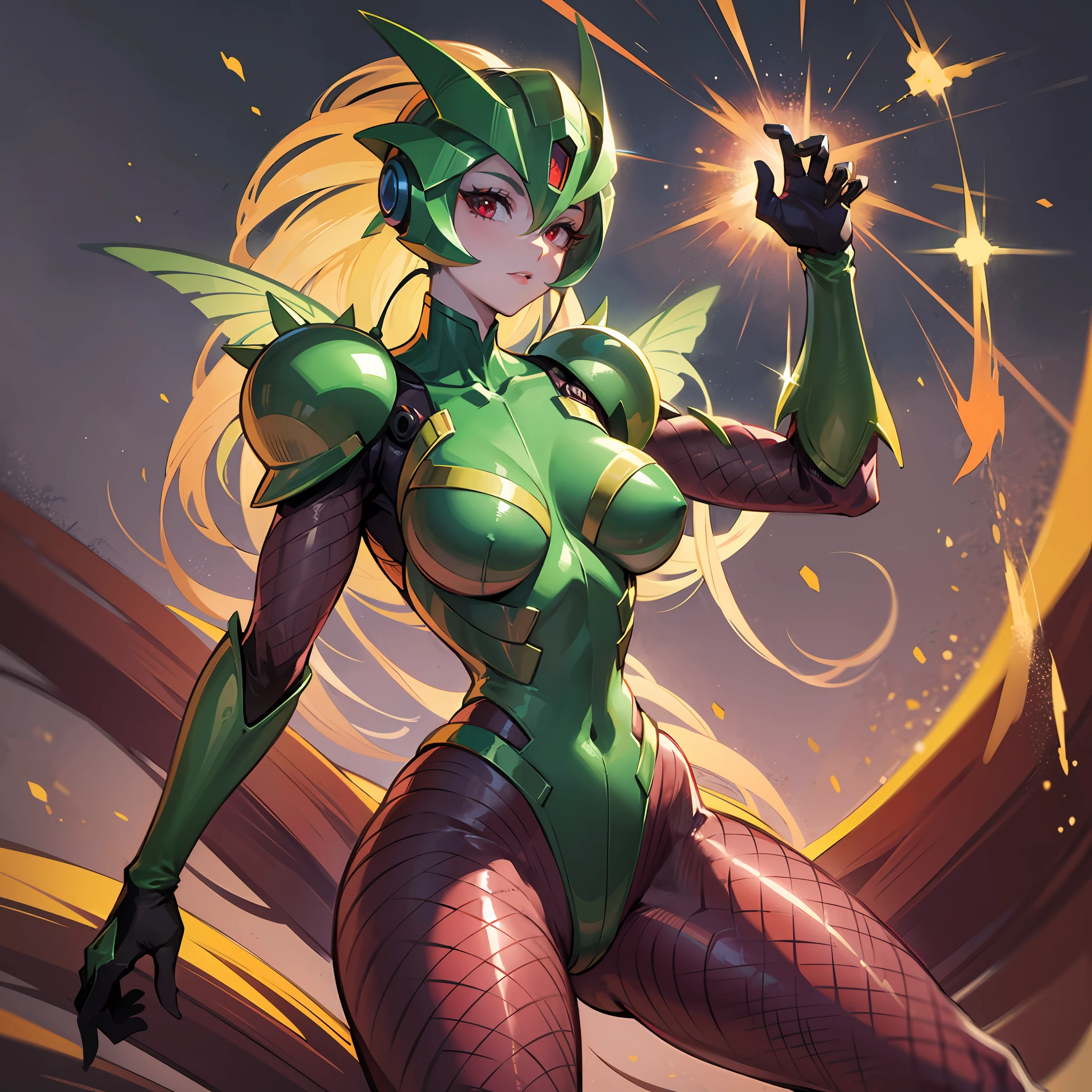 Cartoon photo of woman in green and red costume, hot insect humanoid woman, Guyver style, SFW version, red eye, scarab reploid, bellows tail, cel shade adult animation, alien queen, serpentine pose,