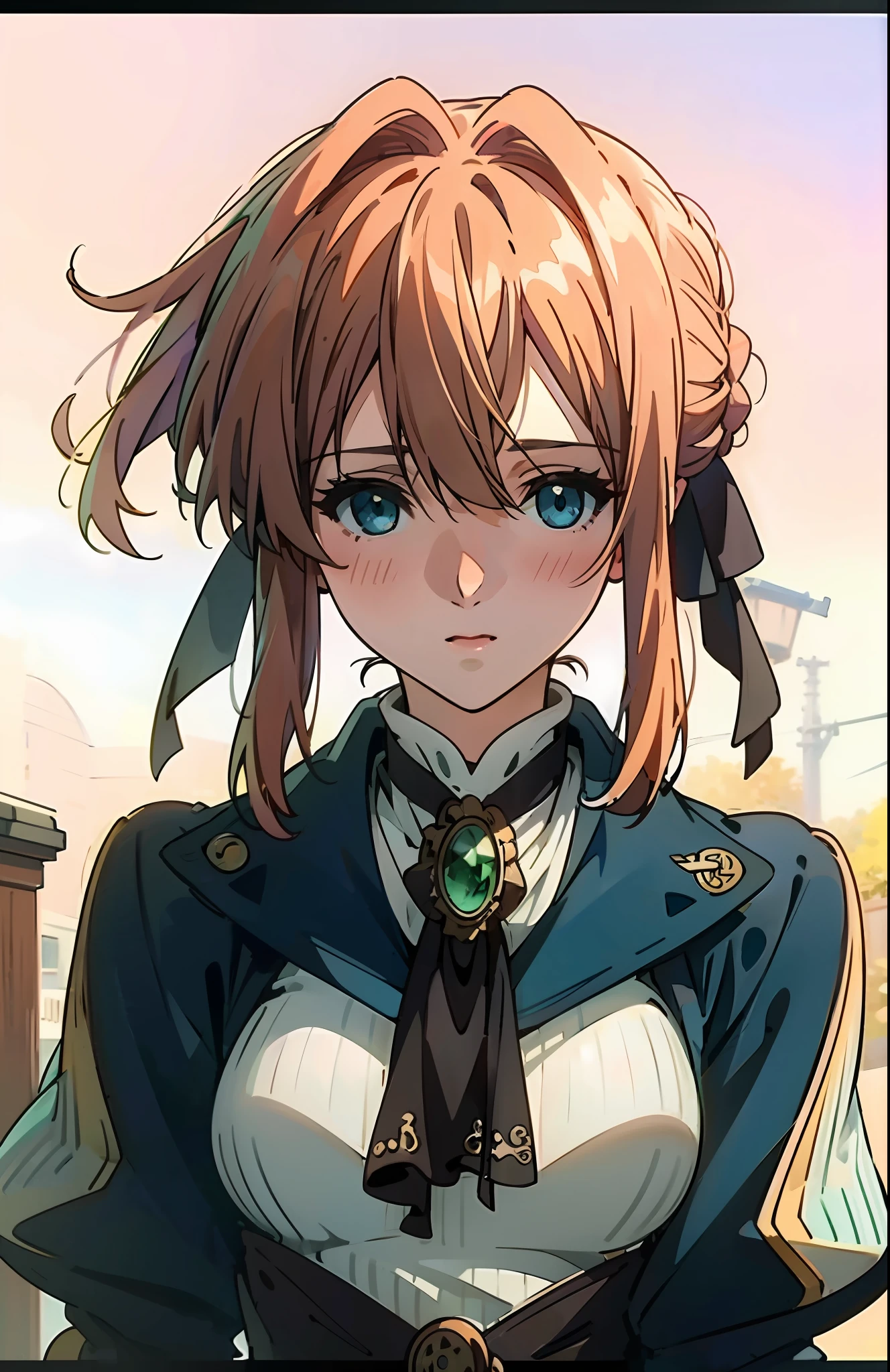 (masterpiece:1,2), Max Quality, cinematic highlight,tyndalleffect,high-definition, ４K,high-definition, original, very detailed wallpaper, Perfect lighting,(very detailed CG:1.2), icbm,
Blue Eyes, solo、, violet_evergarden, jewelry, blonde updo hair with ribbon, LONG SLEEVES, Brooch, ribbons、, aqua eyes,(red hair ribbon),(jackets、), one piece，, (emeralds,gem, Brooch), (((only face))),town、, hill, sunset street, (Look at the Viewer:1.3),