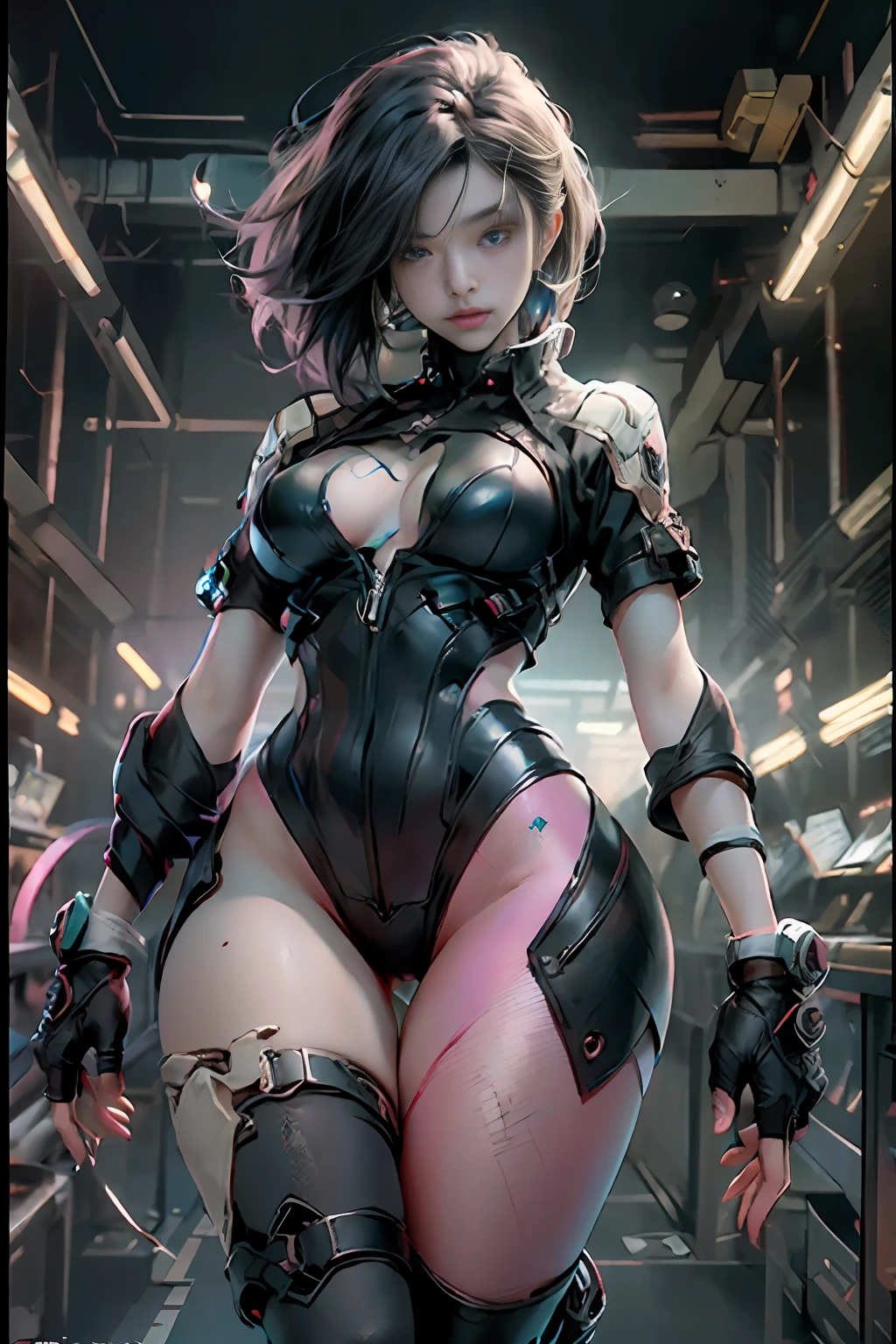 ((Best Quality)), ((Masterpiece)), (detail: 1.4), 3D, Beautiful Cyberpunk Female Image, Full Body, Broken Pink Tights, Leather Clothes, Buttocks, Mechanical, HDR (High Dynamic Range), Ray Tracing, NVIDIA RTX, Super Resolution, Unreal 5, Subsurface Scattering, PBR Texture, Post Processing, Anisotropic Filtering, Depth of Field, Maximum Sharpness and Acutance, Multi-layer Texture, Albedo and Highlight Mapping, Surface Coloration, Accurate Simulation of Light-Material Interactions, Perfect Proportions, Octane Rendering, Two-tone Lighting, Wide Aperture, Low ISO, White Balance, Rule of Thirds, 8K RAW, Masterpiece, Best Quality, (8k Very Detailed CG Unit Wallpaper) (Best Quality), (Best Illustration), (Best Shadow)