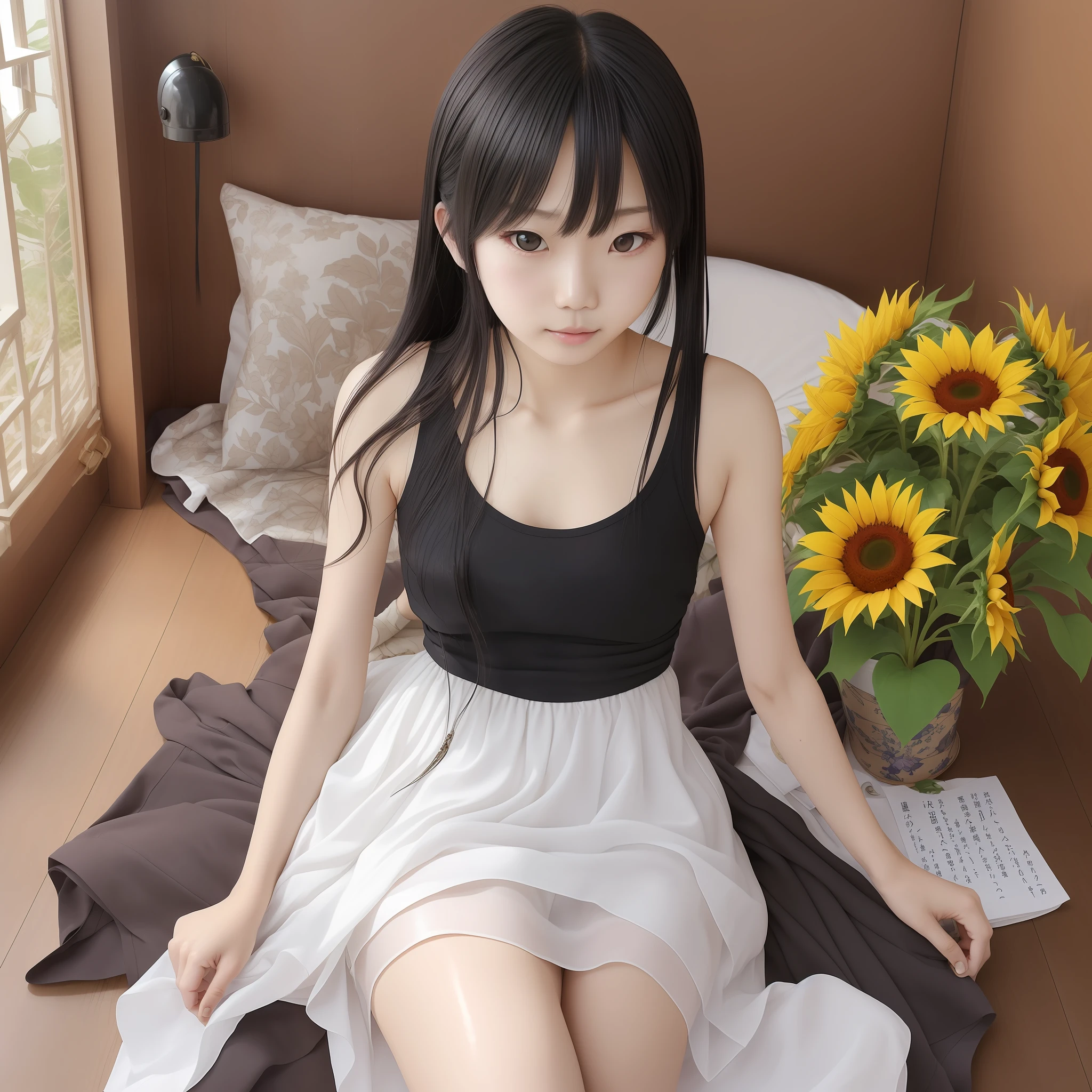 Hot summer sunshine, Sunflowers in full bloom, 1 Japan college girl, naïve 1 8 years old, Wearing a white sleeveless dress (Knees are visible.), 1 (akiko takase, Kazue Kato, , Aya Takano, etsuko miura, Zhenzi, tsugumi ohba, chiho, Rinko Kawaichi, Takeyuki Kanda), Height 158cm, Weight 53kg, Bust 83cm (D cup), Waist 61cm, Hips 86cm, Personality is naïve, Shoulder-length silky black hair is wet with sweat, Bangs are also wet with sweat、Sweaty skin、Wearing sandals、 solo、、、 、total body -