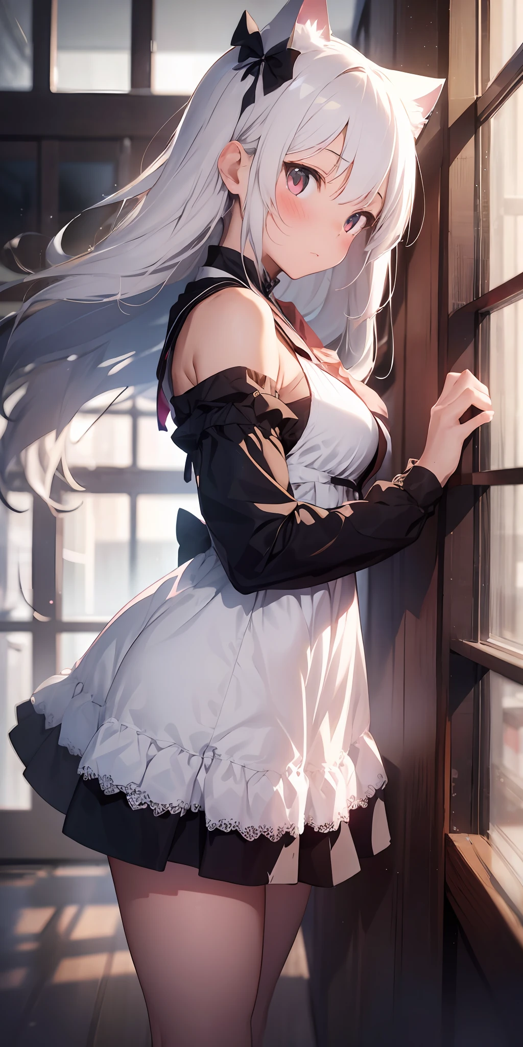 Anime girl with white hair and cat ears, ruby eyes, shy, blush, medium breast, bare legs, shoulders, dress, side view, high contrast, soft light, master piece, extraordinary nice