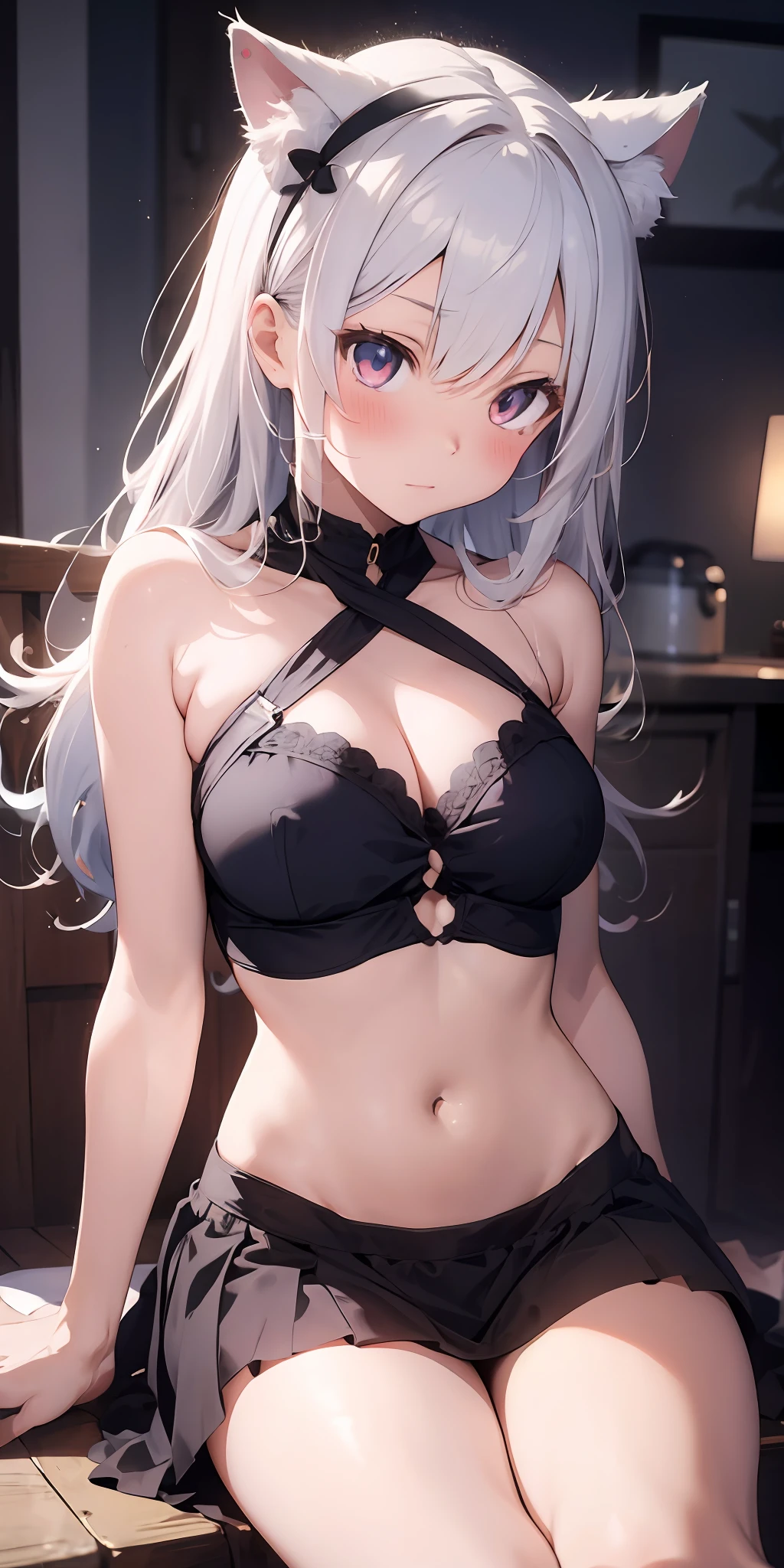 Anime girl with white hair and cat ears, ruby eyes, shy, blush, medium breast, bare legs, shoulders, dress, side view, high contrast, soft light, master piece, extraordinary nice