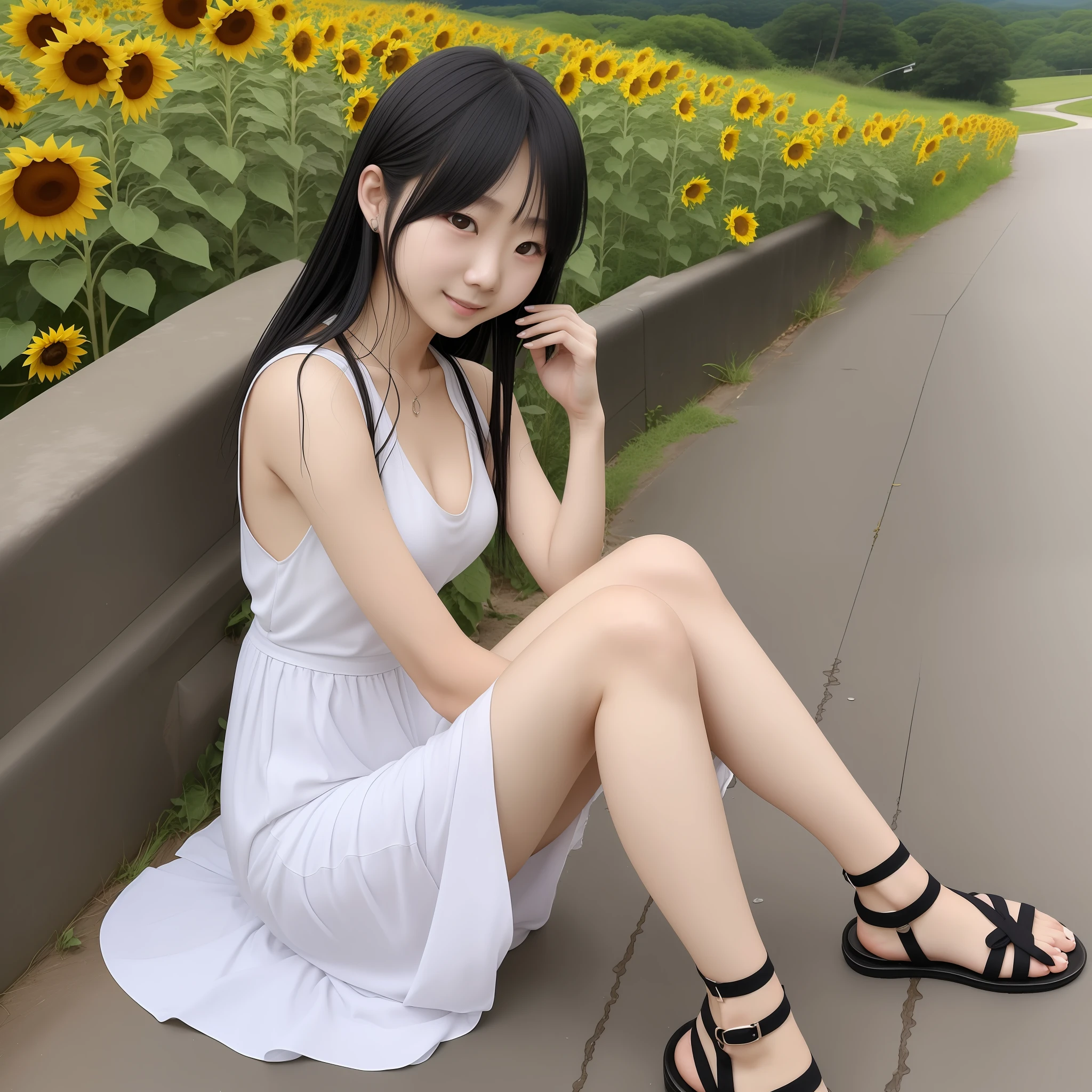 Hot summer sunshine, Sunflowers in full bloom, 1 Japan college girl, naïve 1 8 years old, Wearing a white sleeveless dress (Knees are visible.), 1 (akiko takase, Kazue Kato, , Aya Takano, etsuko miura, Zhenzi, tsugumi ohba, chiho, Rinko Kawaichi, Takeyuki Kanda), Height 158cm, Weight 53kg, Bust 83cm (D cup), Waist 61cm, Hips 86cm, Personality is naïve, Shoulder-length silky black hair is wet with sweat, Bangs are also wet with sweat、Sweaty skin、Wearing sandals、 solo、、、 、total body -