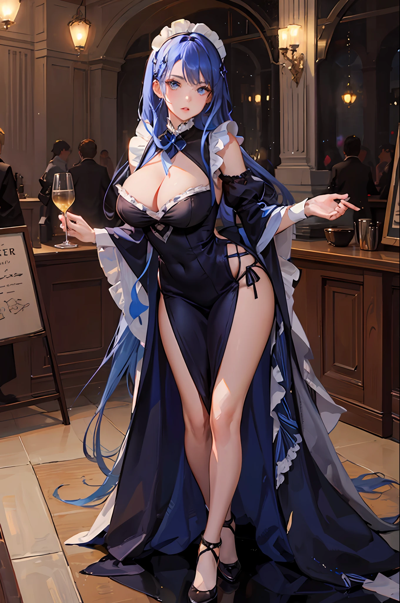 1girl, nsfw, masterpiece, best quality, slender girl with hourglass body and massive breasts, solo, pretty, cute, ((girl wears skimpy maid dress)), cleavage, girl shows enticing breasts, chest, ((blond hair, long hair, indigo blue hair)), indigo blue eyes, detailed eyes, beautiful eyes, delicate eyes, ((hourglass body, sexy body)), correct anatomy, correct limbs, ((massive breasts, large breasts)), juicy lips, pouty lips, [detailed background (crowds, crowded cafe, cafe)]