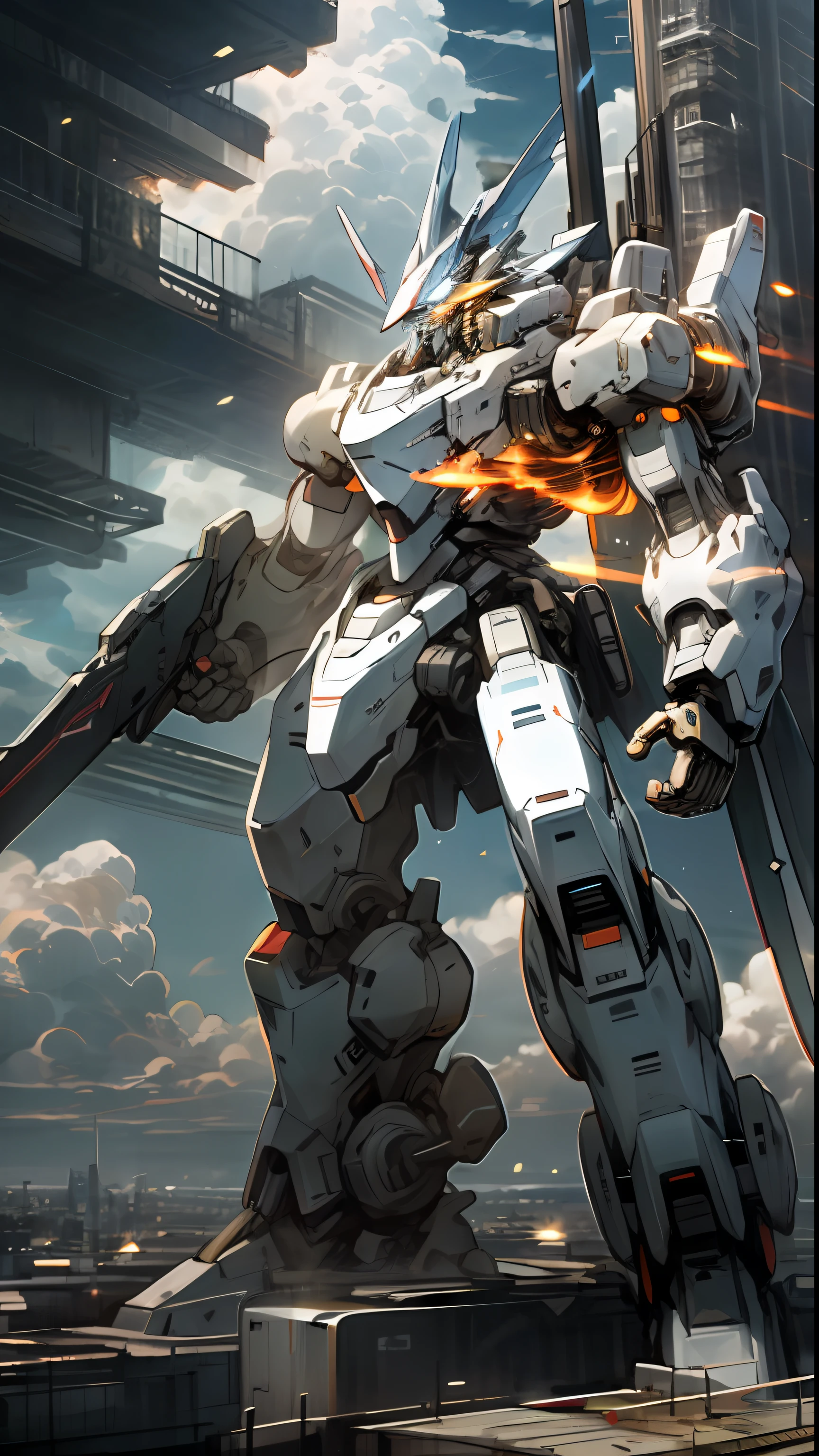 Sky, Clouds, holding_weapon, no_humans, Glow, Mecha, Architecture, Science Fiction, City, Reality