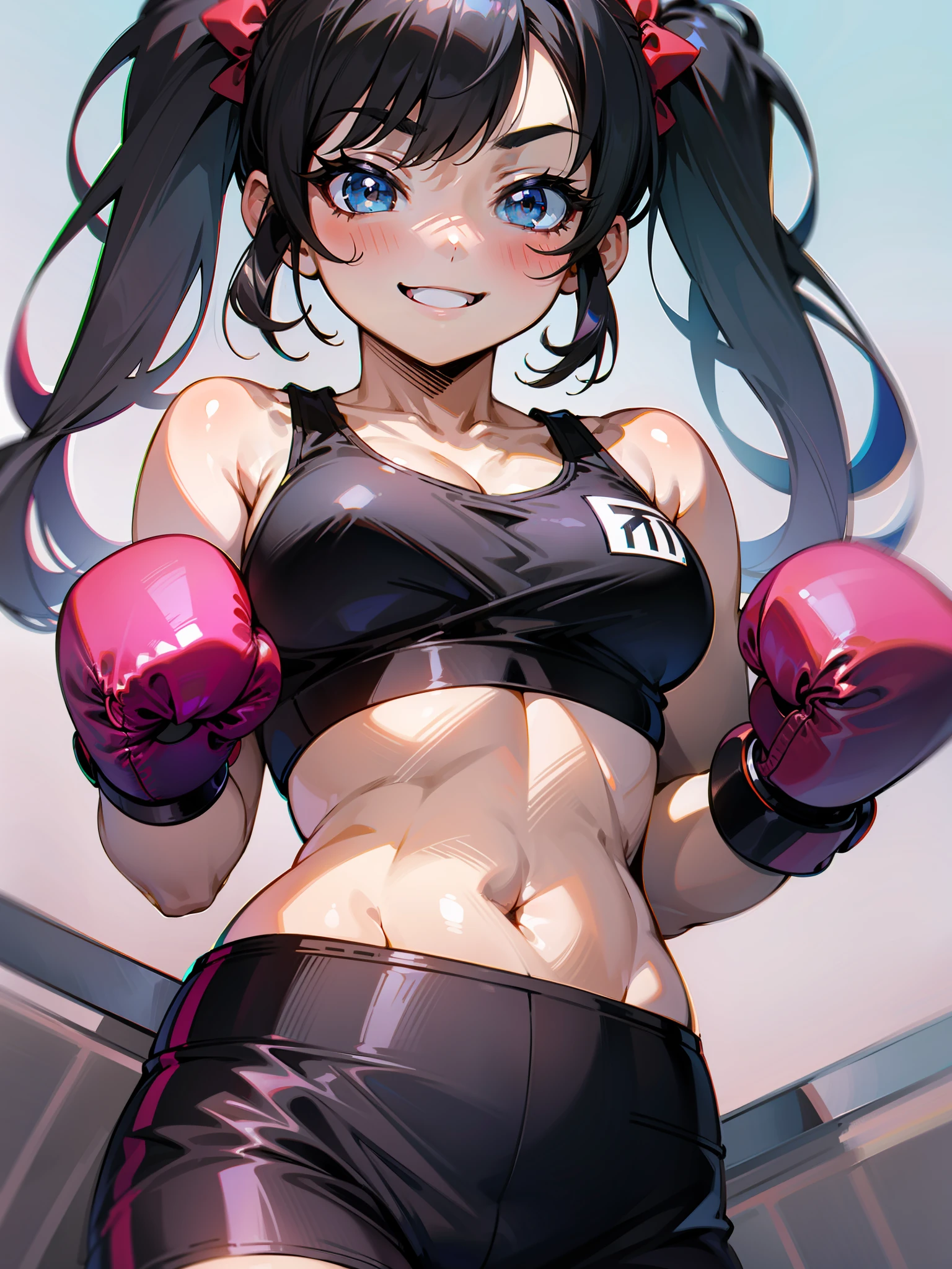 high quality, girl boxer,sportsbra,large boxingglove,twintail,Black hair,cheeky smile,mischievous expression,little
