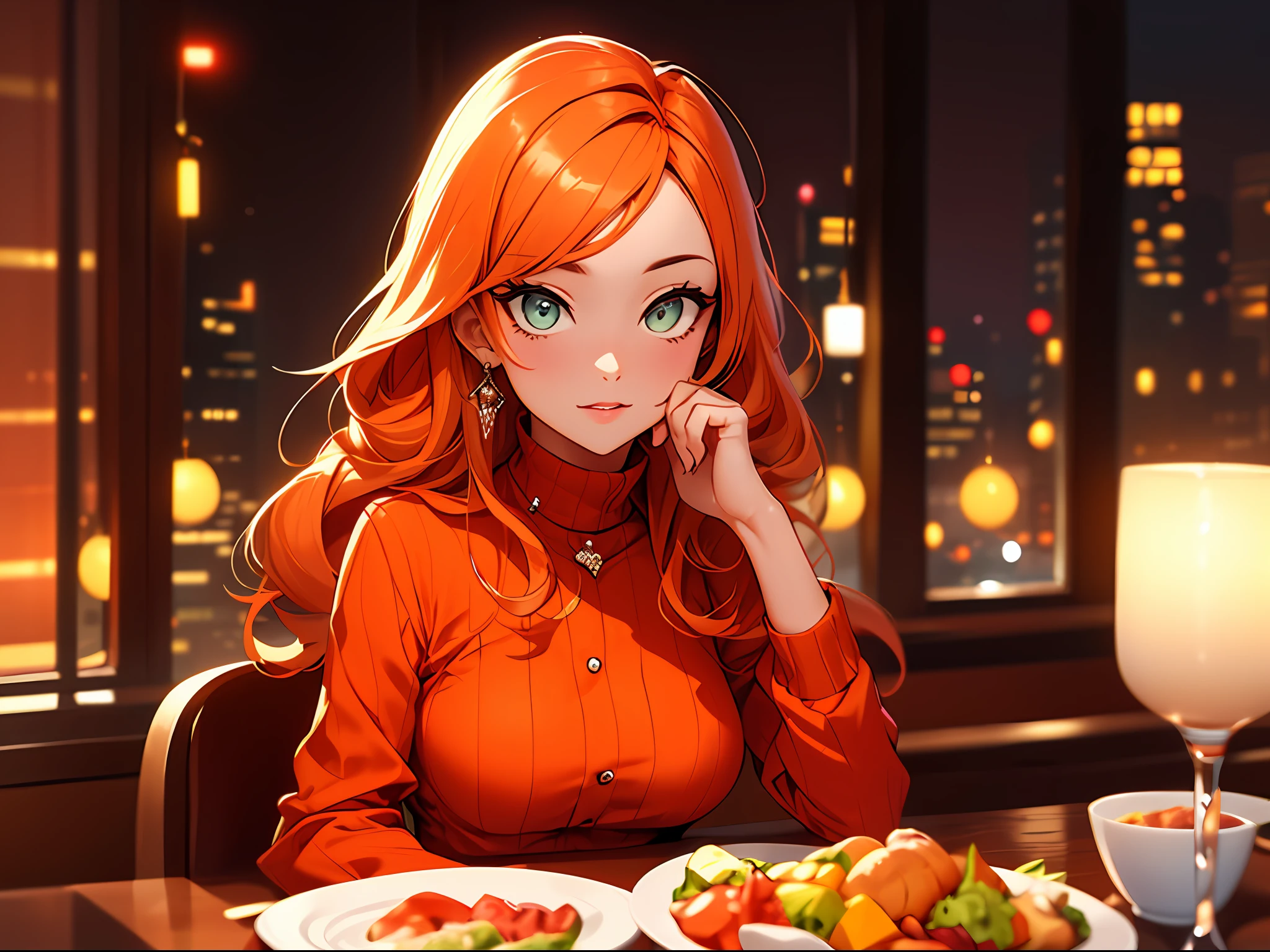 Best Category-Visual Arts: "A woman with flamboyant outfit and cute eyes, admiringly looks at you at a dinner table set against the backdrop of New York City. The scene is in a red and orange color scheme, giving it a warm and vibrant ambiance."