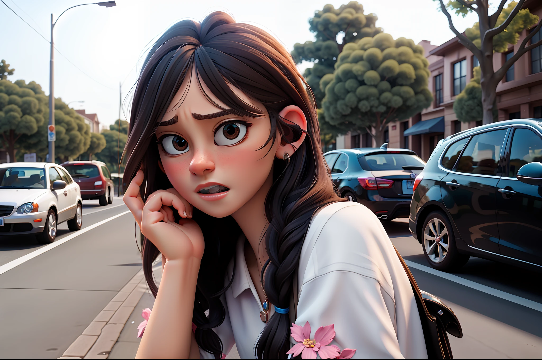 masterpiece, best quality, 1girl, naughty, young cute, pretty, tree, street, car, detailed movie rendering, 3dm style, 3d, realistic, high quality, 3D realistic work, super high detail, 4k, real skin material, simple background