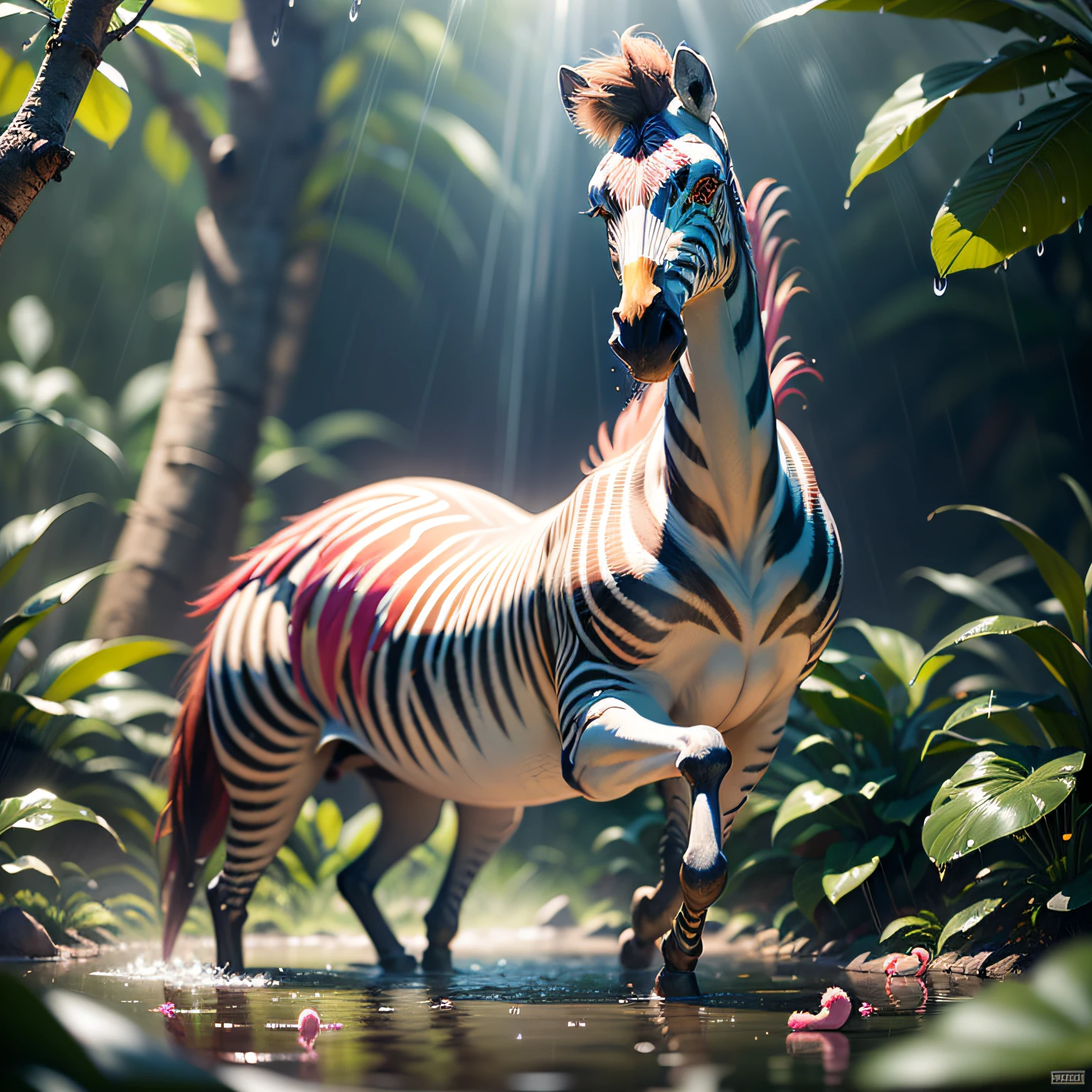 ((best quality)),((masterpiece)), hyper realistic illustration, (((ultra detailed)),, Scene structure: Enchanted forest: Winged zebras and flamingos dancing Hawaiian. Dense tropical forest. Wet rain. Beautiful sunset falling, movie light, cinematic, intricate details. Foliage rich in detail by Pixar, Walt Disney,, award-winning work, chromatic, 8K, motion blur, cinematic lighting, depth of field, reflection light, god rays, glowing light, blending, drop shadow, masterpiece