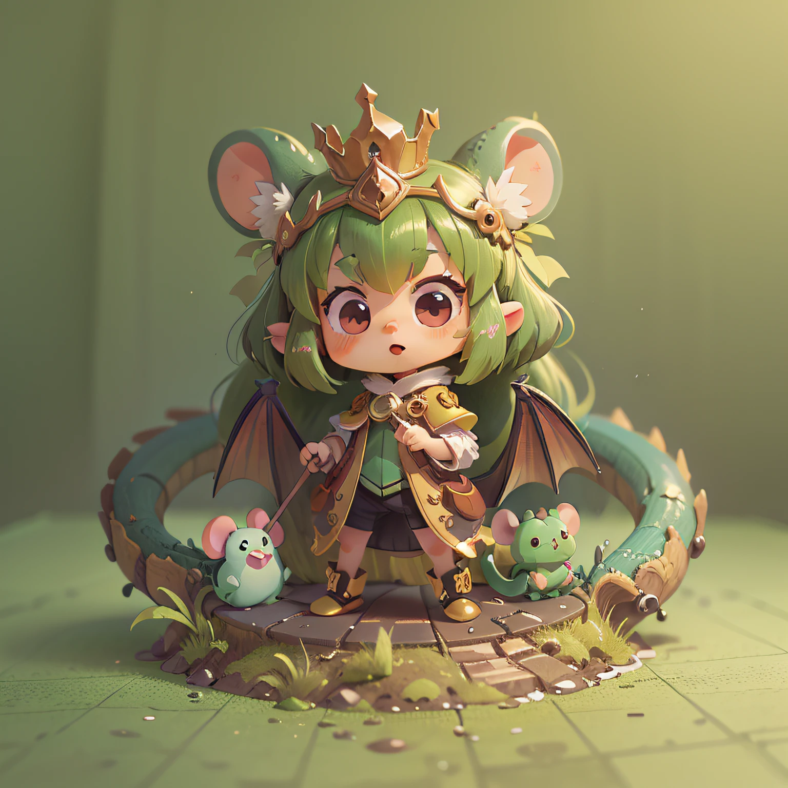chibi, mouse, cute, green dragon princess, bigbadejo, full body, masterpiece, 3D Rendering, Best Quality, Lots of Detail, (plain background), vinyl toy figurine