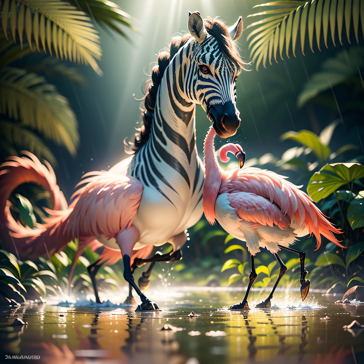 ((best quality)),((masterpiece)), hyper realistic illustration, (((ultra detailed)),, Scene structure: Enchanted forest: Winged zebras and flamingos dancing Hawaiian. Dense tropical forest. Wet rain. Beautiful sunset falling, movie light, cinematic, intricate details. Foliage rich in detail by Pixar, Walt Disney,, award-winning work, chromatic, 8K, motion blur, cinematic lighting, depth of field, reflection light, god rays, glowing light, blending, drop shadow, masterpiece