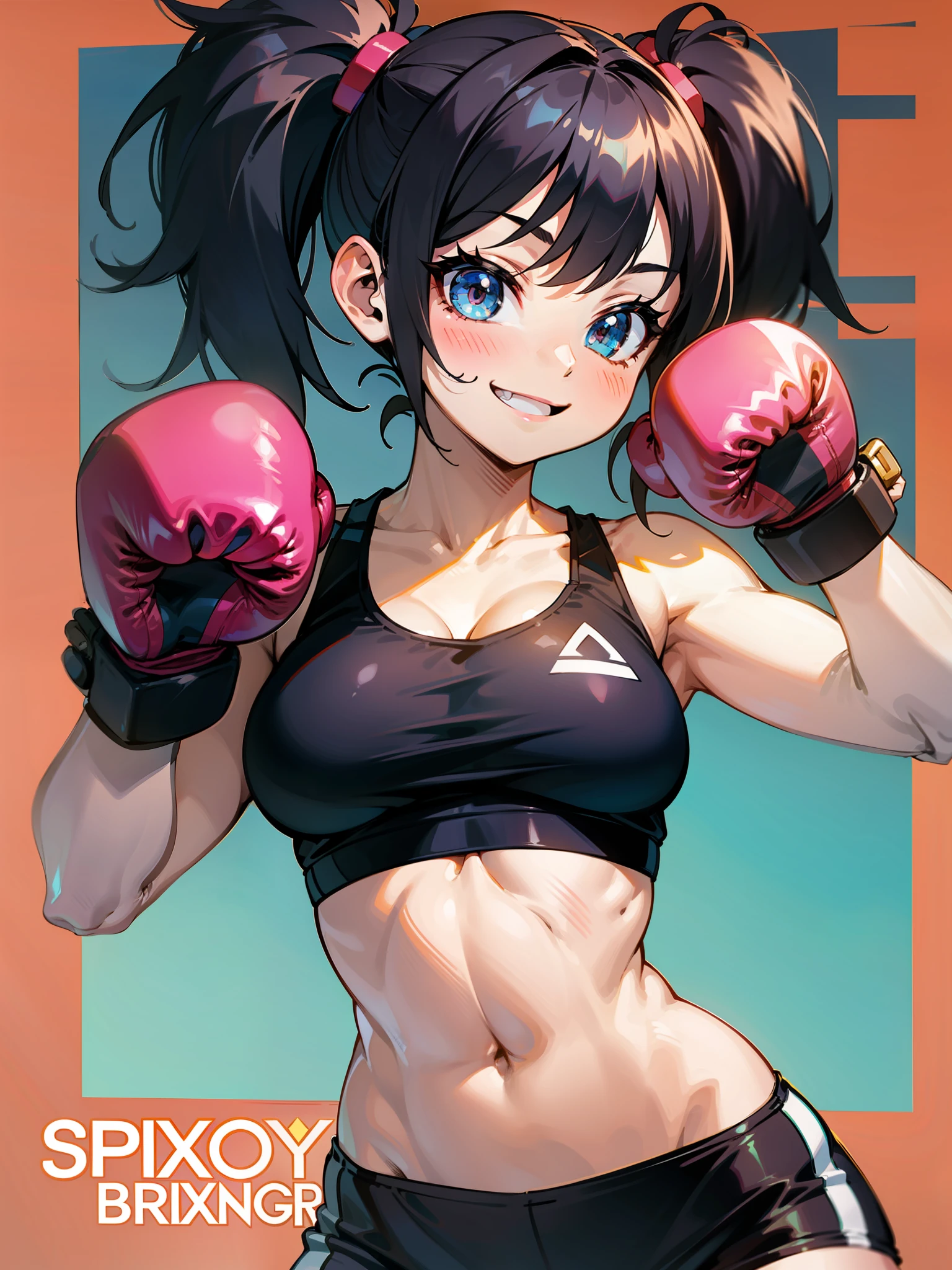 high quality,little girl boxer,sportsbra,large boxingglove,twintail,Black hair,cheeky  smile,mischievous expression,little girl