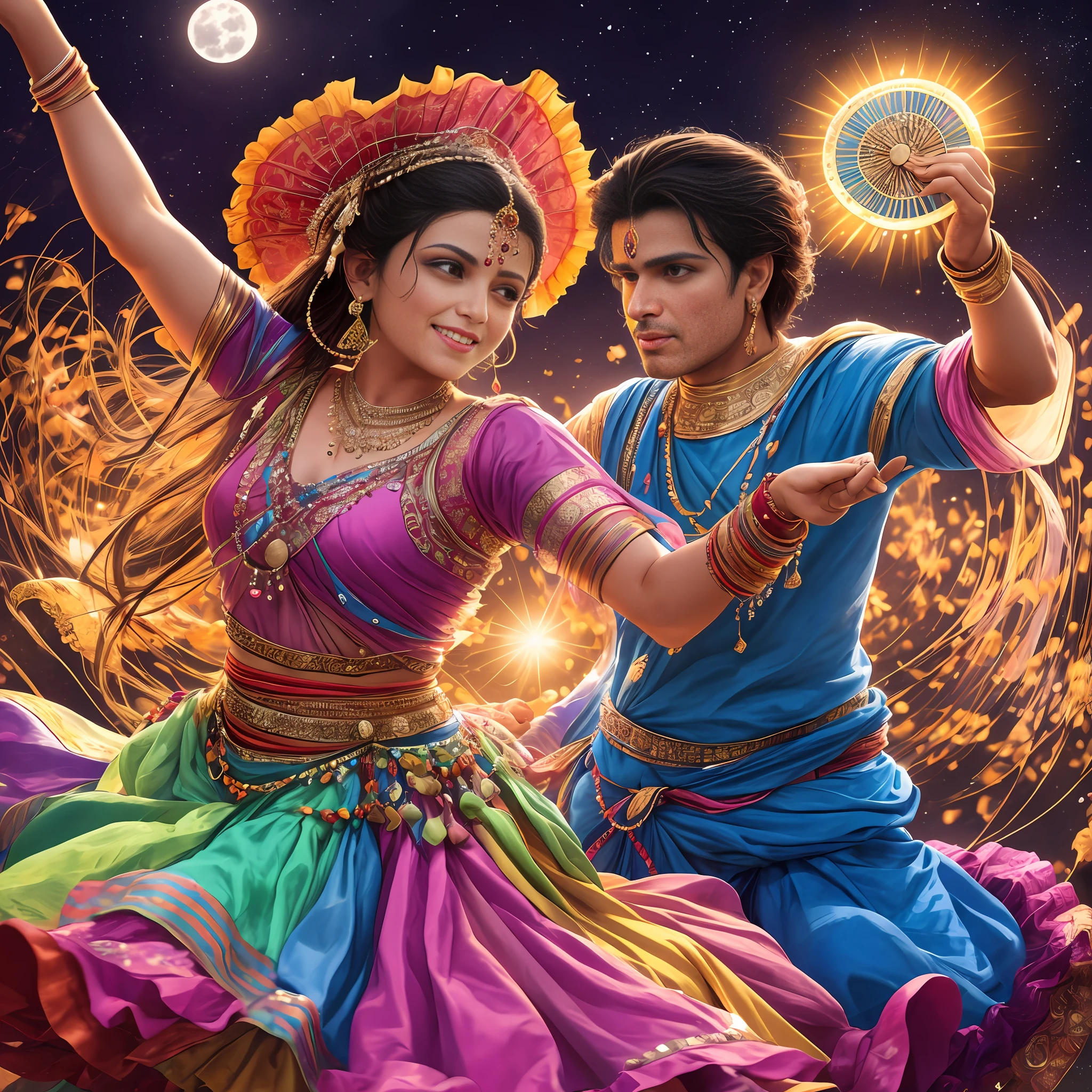Magical image of a couple of Indian gypsies dancing The flamenco dance Gypsy Ballet under the moonlight. The couple wear colorful clothes. Focus on: The gypsy has a fan in her hand. The gypsy has a tambourine in his hand. Behind the couple, there are some gypsy playing cards floating around. --auto --s2