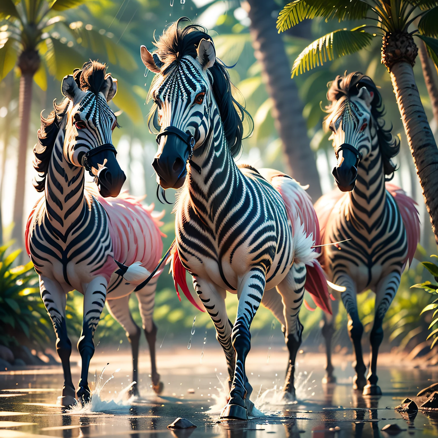 ((best quality)),((masterpiece)), hyper realistic illustration, (((ultra detailed)),, Scene structure: Enchanted forest: Winged zebras and flamingos dancing Hawaiian. Dense tropical forest. Wet rain. Beautiful sunset falling, movie light, cinematic, intricate details. Foliage rich in detail by Pixar, Walt Disney,, award-winning work, chromatic, 8K, motion blur, cinematic lighting, depth of field, reflection light, god rays, glowing light, blending, drop shadow, masterpiece