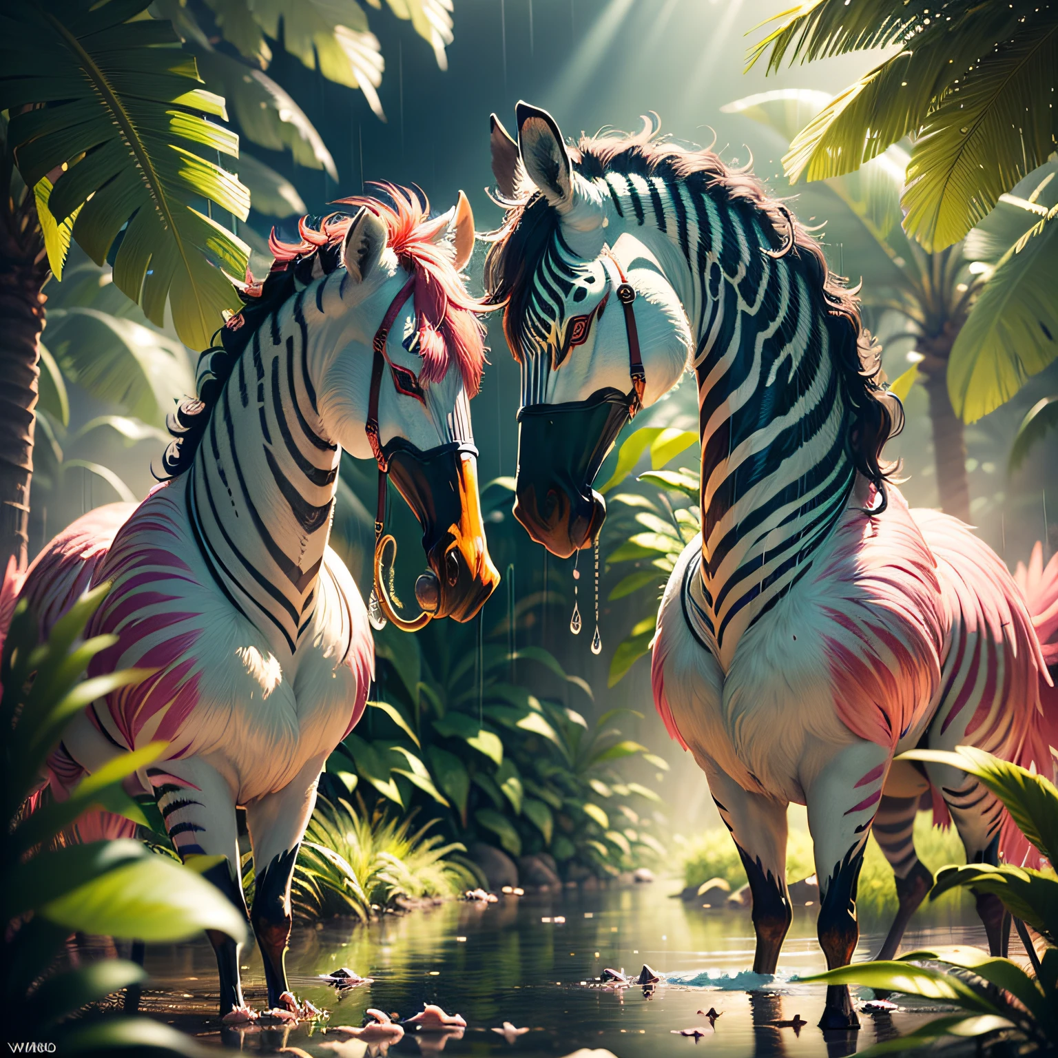((best quality)),((masterpiece)), hyper realistic illustration, (((ultra detailed)),, Scene structure: Enchanted forest: Winged zebras and flamingos dancing Hawaiian. Dense tropical forest. Wet rain. Beautiful sunset falling, movie light, cinematic, intricate details. Foliage rich in detail by Pixar, Walt Disney,, award-winning work, chromatic, 8K, motion blur, cinematic lighting, depth of field, reflection light, god rays, glowing light, blending, drop shadow, masterpiece
