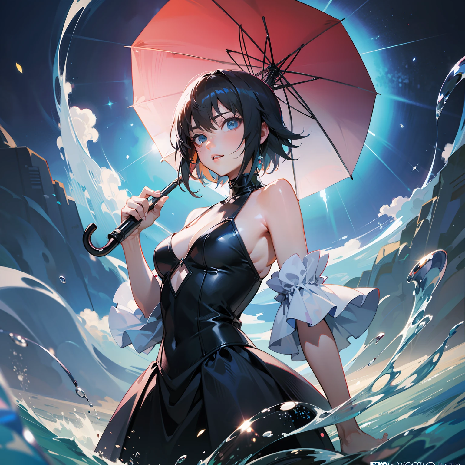 anime girl standing in fish tunnel with umbrella, wallpaper anime blue water, anime art wallpaper 4 K, anime art wallpaper 4k, Makoto Kai Makoto Siril Rolando, anime art wallpaper 8 K, beautiful artwork illustration, anime girl walking on water, 4k anime wallpaper, anime wallpaper 4k, anime wallpaper 4k, beautiful art UHD 4 K,Unity 8k wallpaper, 3D, cinematic lighting, lens flare, reflection, sharp focus, realistic, highly detailed CG illustration, extremely delicate and beautiful cinematic light, (Realistic: 1.5), (Dark background: 1.5), Dynamic angle, Masterpiece, Best Quality, Ultra Detailed, Illustration, Detailed Light, dramatic_shadow, Face Shadow, Extra Detail, Best Performance, Saxophone Blue Background