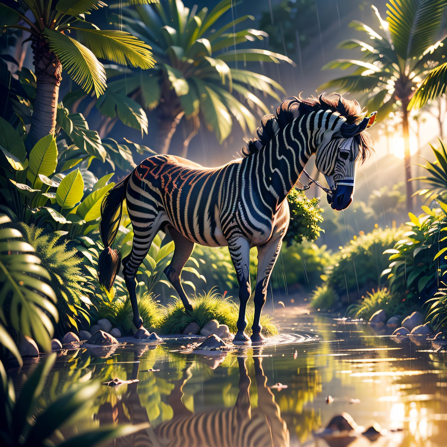 ((best quality)),((masterpiece)), hyper realistic illustration, (((ultra detailed)),, Scene structure: Enchanted forest: Winged zebras and flamingos dancing Hawaiian. Dense tropical forest. Wet rain. Beautiful sunset falling, movie light, cinematic, intricate details. Foliage rich in detail by Pixar, Walt Disney,, award-winning work, chromatic, 8K, motion blur, cinematic lighting, depth of field, reflection light, god rays, glowing light, blending, drop shadow, masterpiece