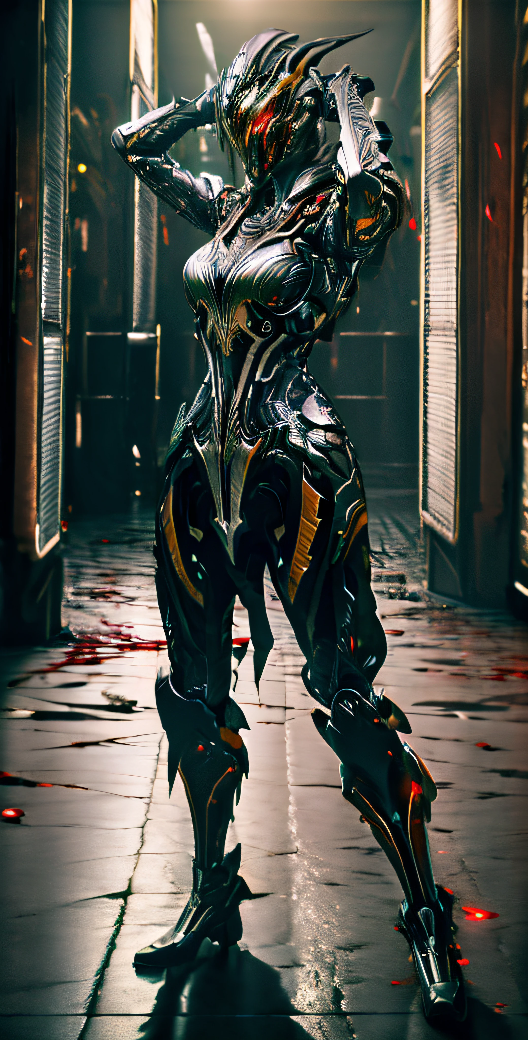 1 japanese girl, WARFRAME, intricate pattern, heavy metal, energy lines, faceless, glowing eyes, elegant, intense, blood red and black uniform, solo, modern, city, streets, dark clouds, thunderstorm, heavy rain,
dramatic lighting,
(masterpiece:1.2), best quality, high resolution, beautiful detailed, extremely detailed, perfect lighting,