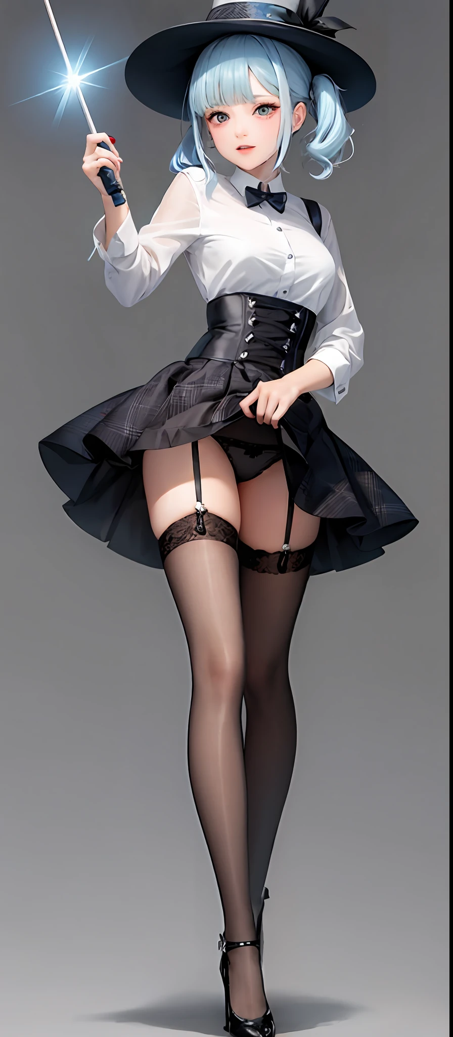 [1girl|solo], (Masterpiece: 1.1), (Best quality: 1.1), (Rock [[White gradient shirt: Black appliqué with patches and pattern morning dress: 0.85]: [Black collar exposed miniskirt: earthy tone hip slit miniskirt: 0.15]:0.7]:1.25), (tweed [[Coral wool A-line transparent transparent transparent skirt: turquoise sleeveless tutulum: 0.05]: [green transparent pliers: orange ultra-transparent linen shirt: 0.15]), [ (NSFW:1.0):(NSFW:0.95):0.15], [Medium: [Large|Medium]:0.35] breasts, corsets, rest [black: pink: 0.65] theme, (gradient background: 1.1), portrait, rest [blonde: sky blue: 0.05] hair, blunt bangs, ji cuts, long hair, side ponytail, white panties, flip skirt, flip skirt, [blue: purple: 0.85] eyes, delicate black witch hat, holding a magic wand, white sheer heels, transparent lace suspenders, white transparent high heels, erotic seduction pose, erotic seduction pose, flip skirt, flip skirt, white lace thong transparent panties, white high heels, panty panties, panty panties, panty panties, enjoy orgasmic expressions, panties