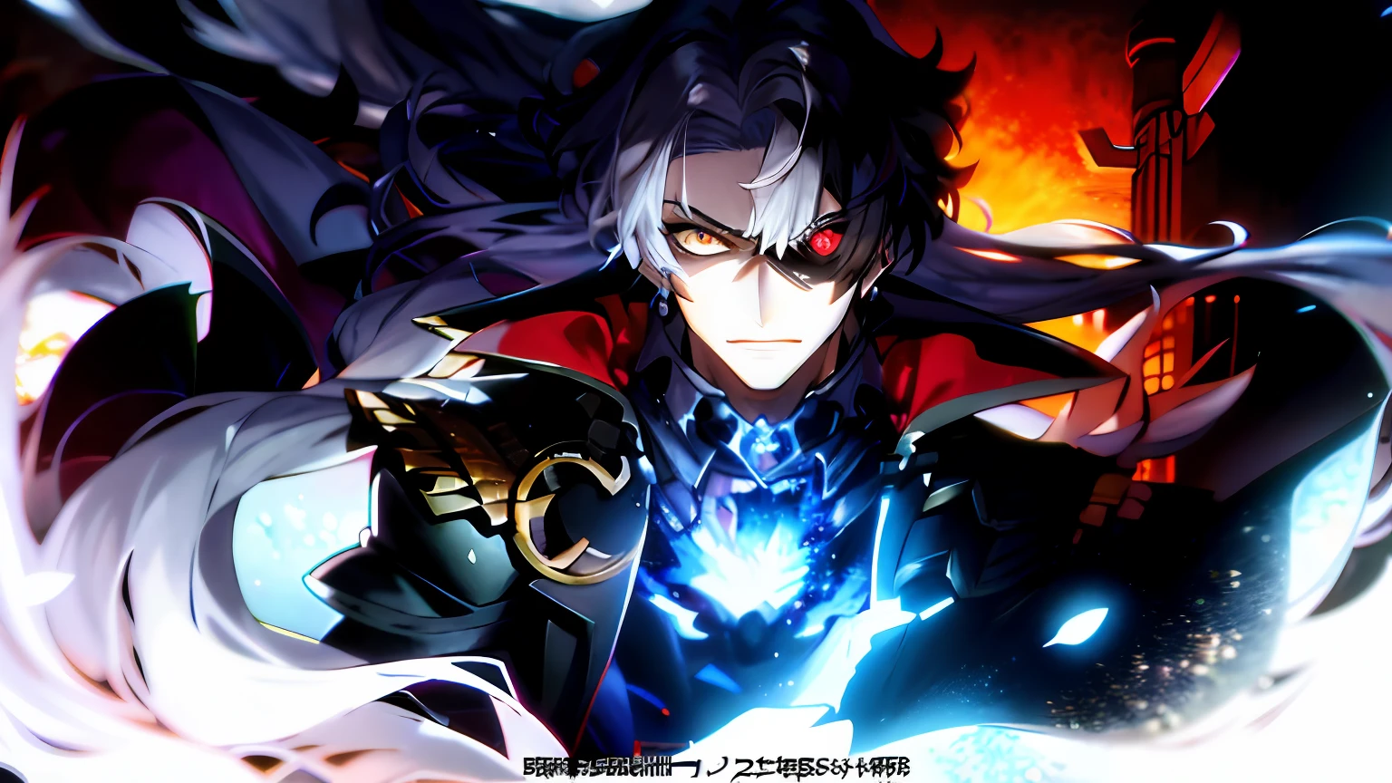 anime character with red eyes and a blue coat, key anime art, detailed key anime art, tall anime guy with blue eyes, handsome guy in demon slayer art, inspired by Okumura Masanobu, zerochan art, shigenori soejima illustration, anime concept hdr anime macmanus, fate grand order, prince crown of black gears