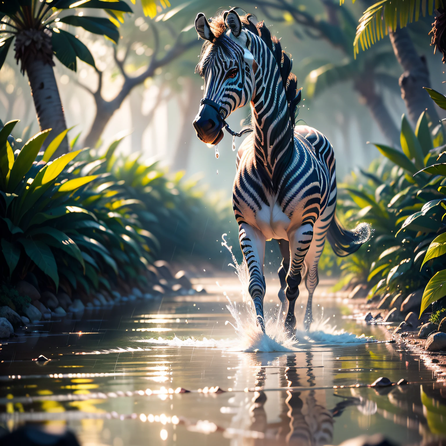 ((best quality)),((masterpiece)), hyper realistic illustration, (((ultra detailed)),, Scene structure: Enchanted forest: Winged zebras and flamingos dancing Hawaiian. Dense tropical forest. Wet rain. Beautiful sunset falling, movie light, cinematic, intricate details. Foliage rich in detail by Pixar, Walt Disney,, award-winning work, chromatic, 16K, motion blur, cinematic lighting, depth of field, reflection light, god rays, glowing light, blending, drop shadow, masterpiece