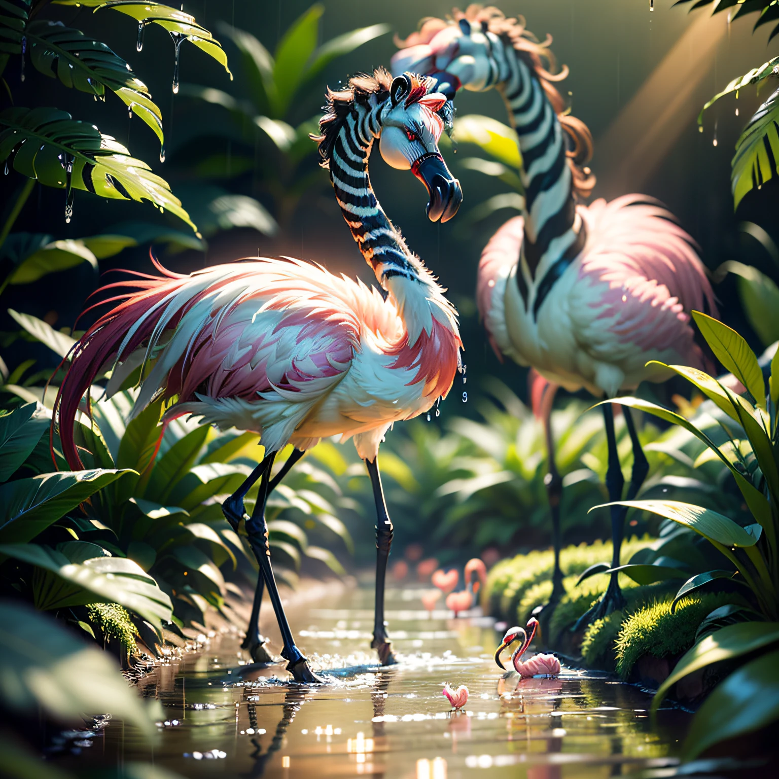 ((best quality)),((masterpiece)), hyper realistic illustration, (((ultra detailed)),, Scene structure: Enchanted forest: Winged zebras and flamingos dancing Hawaiian. Dense tropical forest. Wet rain. Beautiful sunset falling, movie light, cinematic, intricate details. Foliage rich in detail by Pixar, Walt Disney,, award-winning work, chromatic, 16K, motion blur, cinematic lighting, depth of field, reflection light, god rays, glowing light, blending, drop shadow, masterpiece