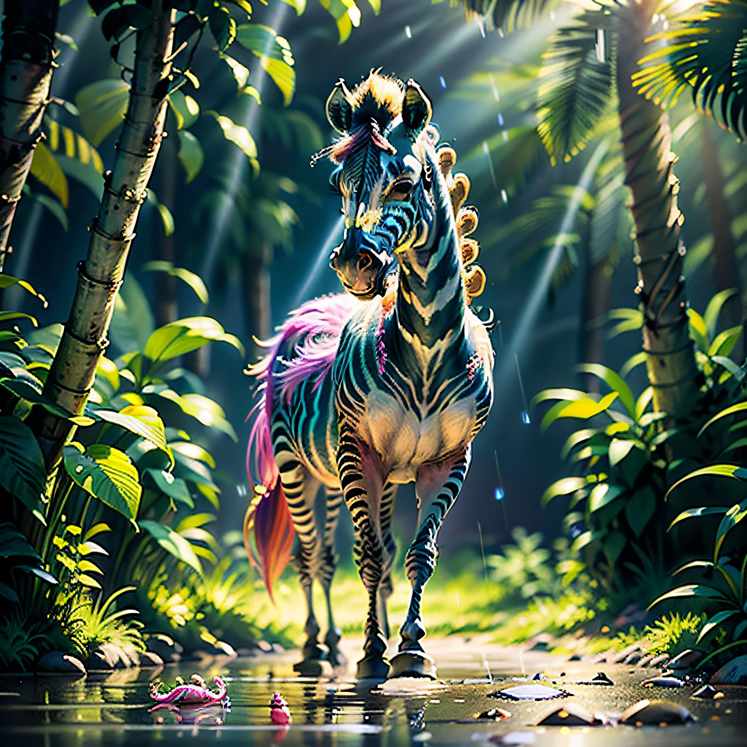 ((best quality)),((masterpiece)), hyper realistic illustration, (((ultra detailed)),, Scene structure: Enchanted forest: Winged zebras and flamingos dancing Hawaiian. Dense tropical forest. Wet rain. Beautiful sunset falling, movie light, cinematic, intricate details. Foliage rich in detail by Pixar, Walt Disney,, award-winning work, chromatic, 16K, motion blur, cinematic lighting, depth of field, reflection light, god rays, glowing light, blending, drop shadow, masterpiece