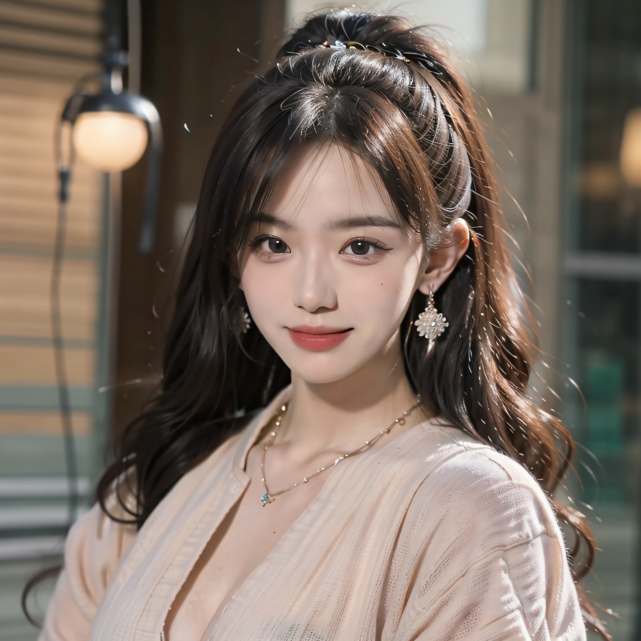 Best, Masterpiece, High Resolution, 1 Girl, Blush, (Seductive Smile: 0.8), Hair Accessory, Necklace, Jia, Tyndall Effect, Realism, Light Edge, Two-tone Lighting, (High Detail Skin: 1.2), 8K Ultra HD, DSLR, High Quality, Volume Lighting, Sneak Peek, Photo, High Resolution, 4K, 8K, Background Bokeh, Gorgeous Clothes, Earrings, 35mm, High Detail Hair, Upper Body, Bust, Portrait, Ultra Clear Face, (Lakeside, Meadow)