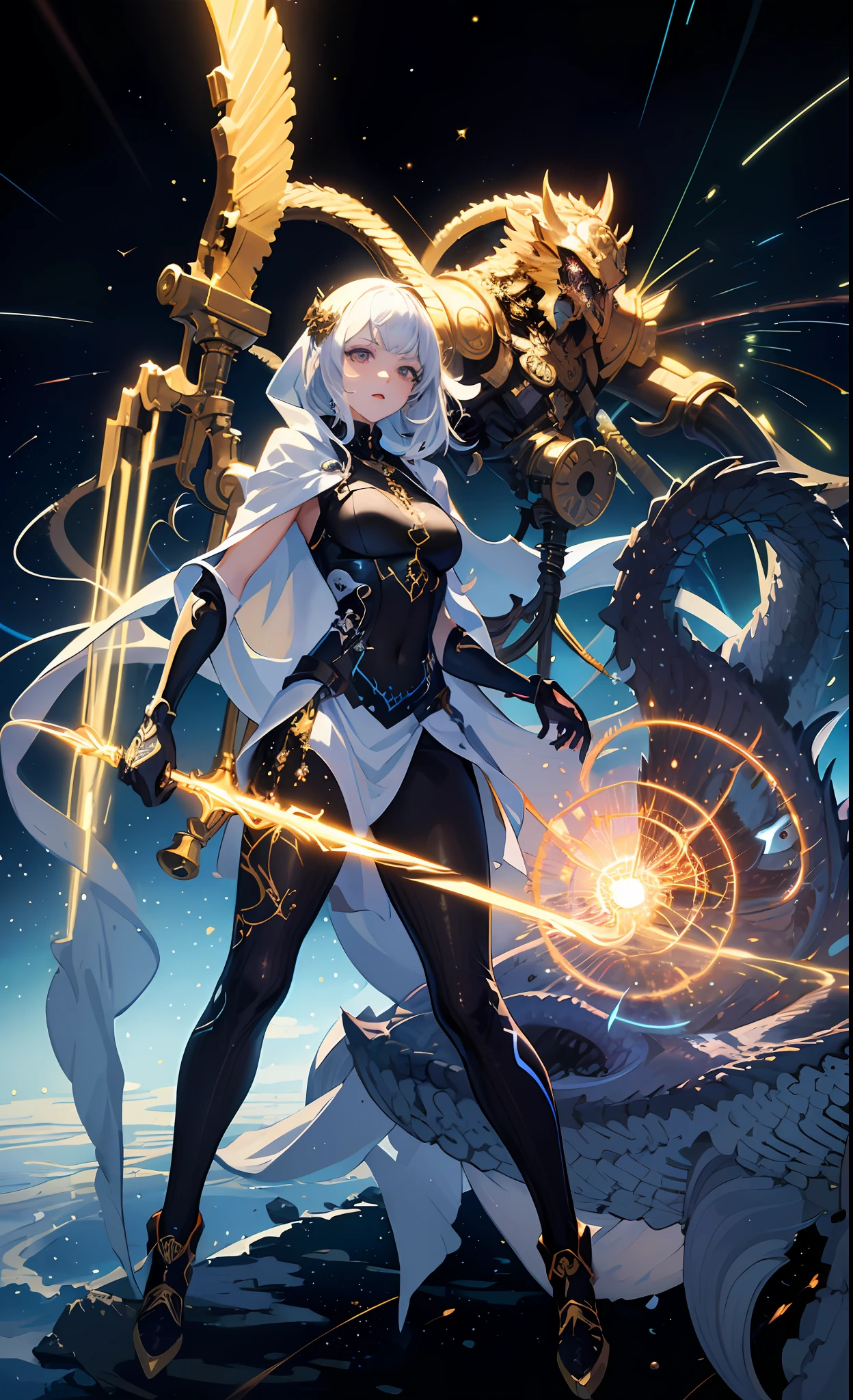 (masterpiece, top quality, best quality, official art, beautiful and aesthetic:1.2), (1girl), extreme detailed, (fractal art:1.3), colorful, highest detailed, perfect face, upper body, HDR, (praying:1.3), (white cloak golden lines:1.2), galaxy, (light streaks), striking visuals, (dynamic streaks, luminous trails:1.2), vibrant colors, white dragon, power of ice