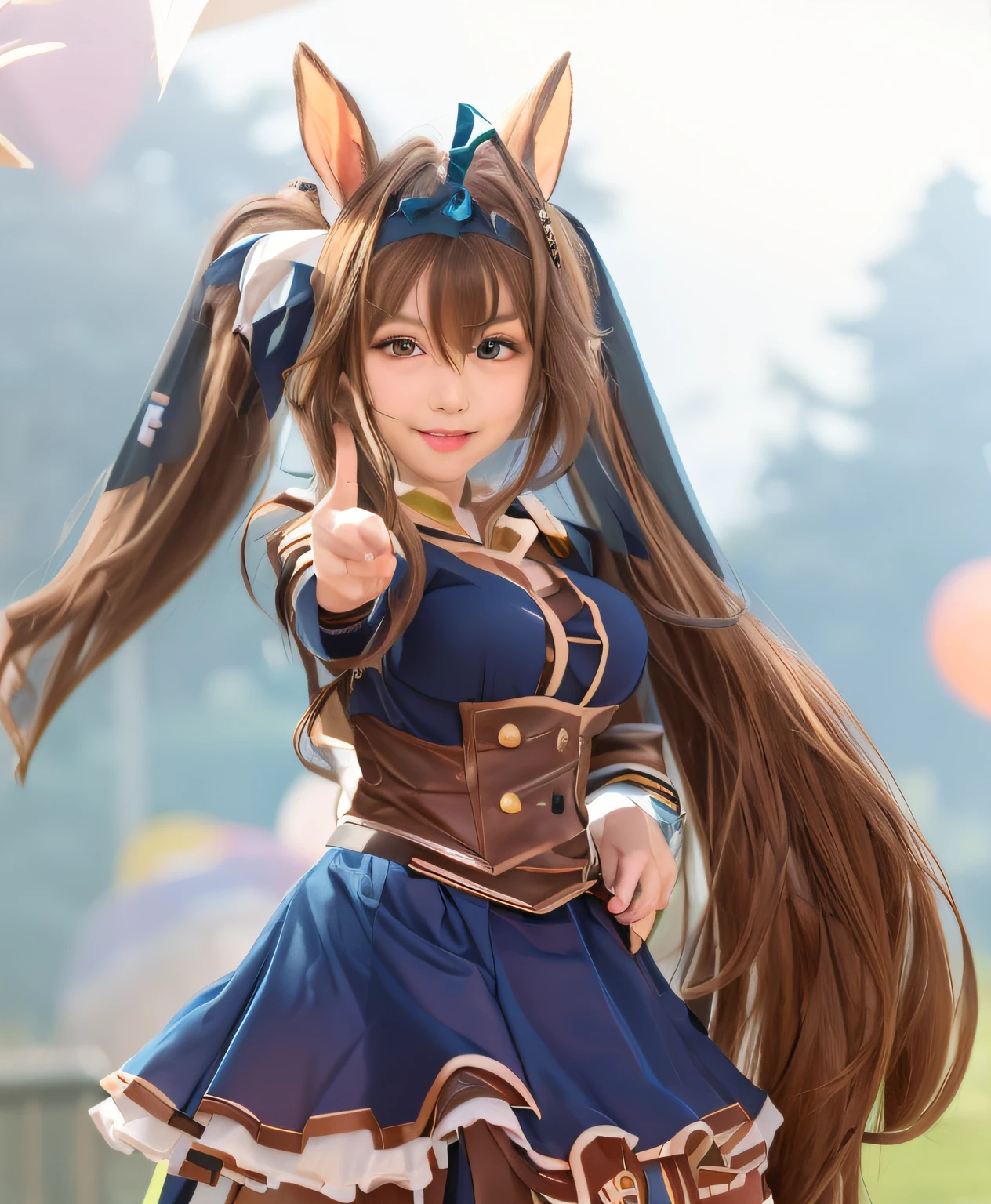 style girl in blue dress with brown long hair and horse ears, anime girl cosplay, anime cosplay, anime pose, cosplay photo, anime waifu, young anime girl, cute anime wife in nice dress,