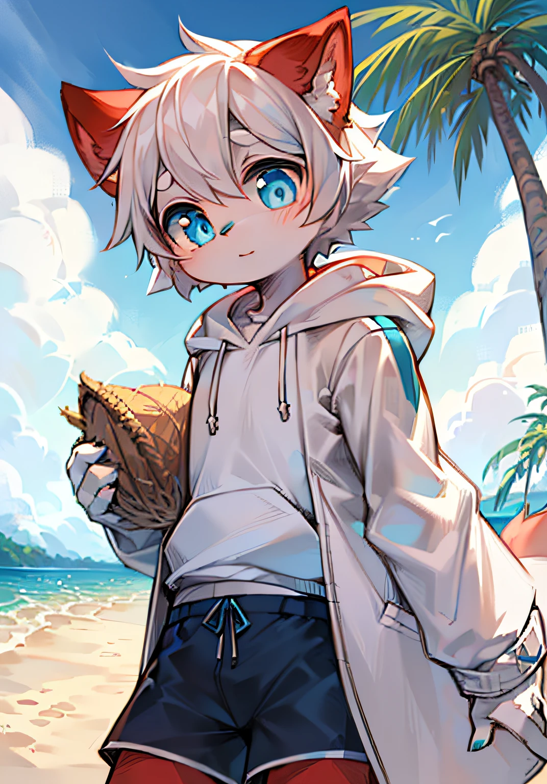 ((red fur, white hair fluffy coat + soft texture: 1.3), matching (, bright big eyes, cute childlike face, blue eyes), by the beach, next to coconut trees, daytime, boys, white hoodie, navy shorts
