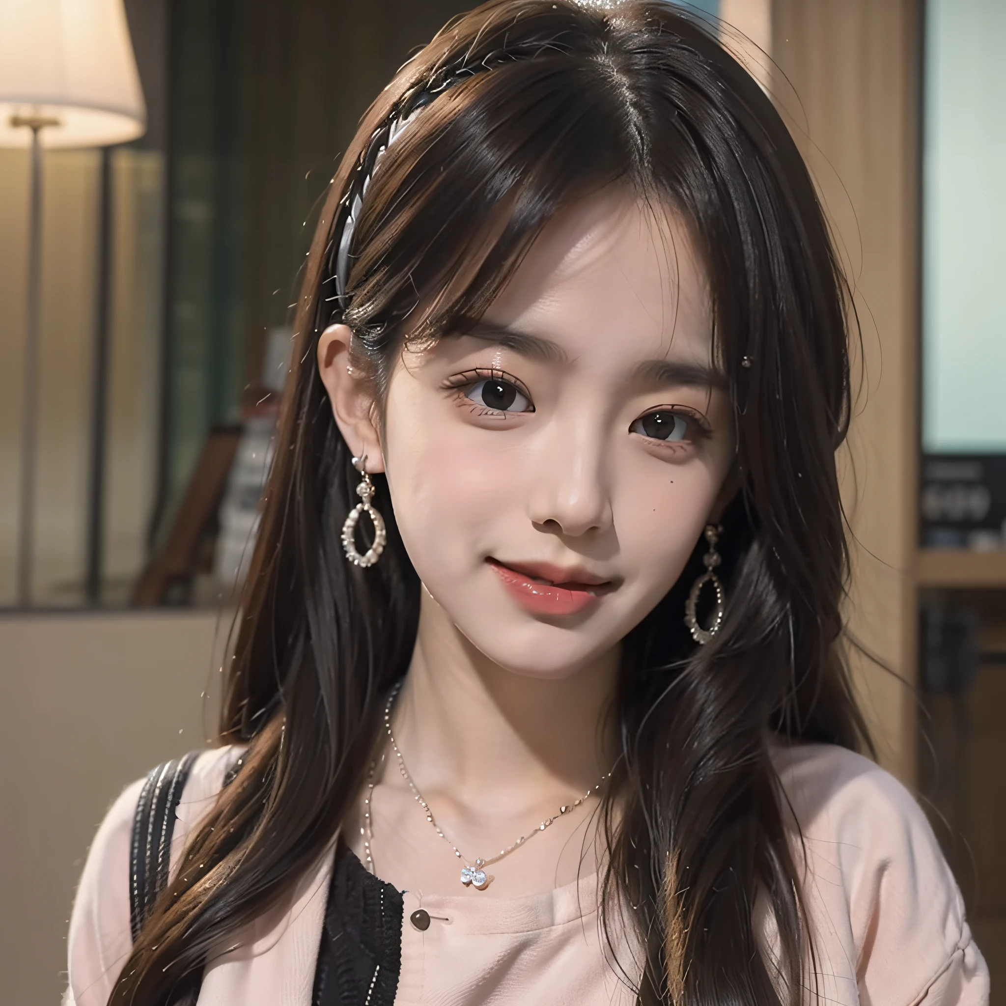 Best, Masterpiece, High Resolution, 1 Girl, Blush, (Seductive Smile: 0.8), Hair Accessory, Necklace, Jia, Tyndall Effect, Realism, Light Edge, Two-tone Lighting, (High Detail Skin: 1.2), 8K Ultra HD, DSLR, High Quality, Volume Lighting, Sneak Peek, Photo, High Resolution, 4K, 8K, Background Bokeh, Gorgeous Clothes, Earrings, 35mm, High Detail Hair, Upper Body, Bust, Portrait, Ultra Clear Face, (Lakeside, Meadow)
