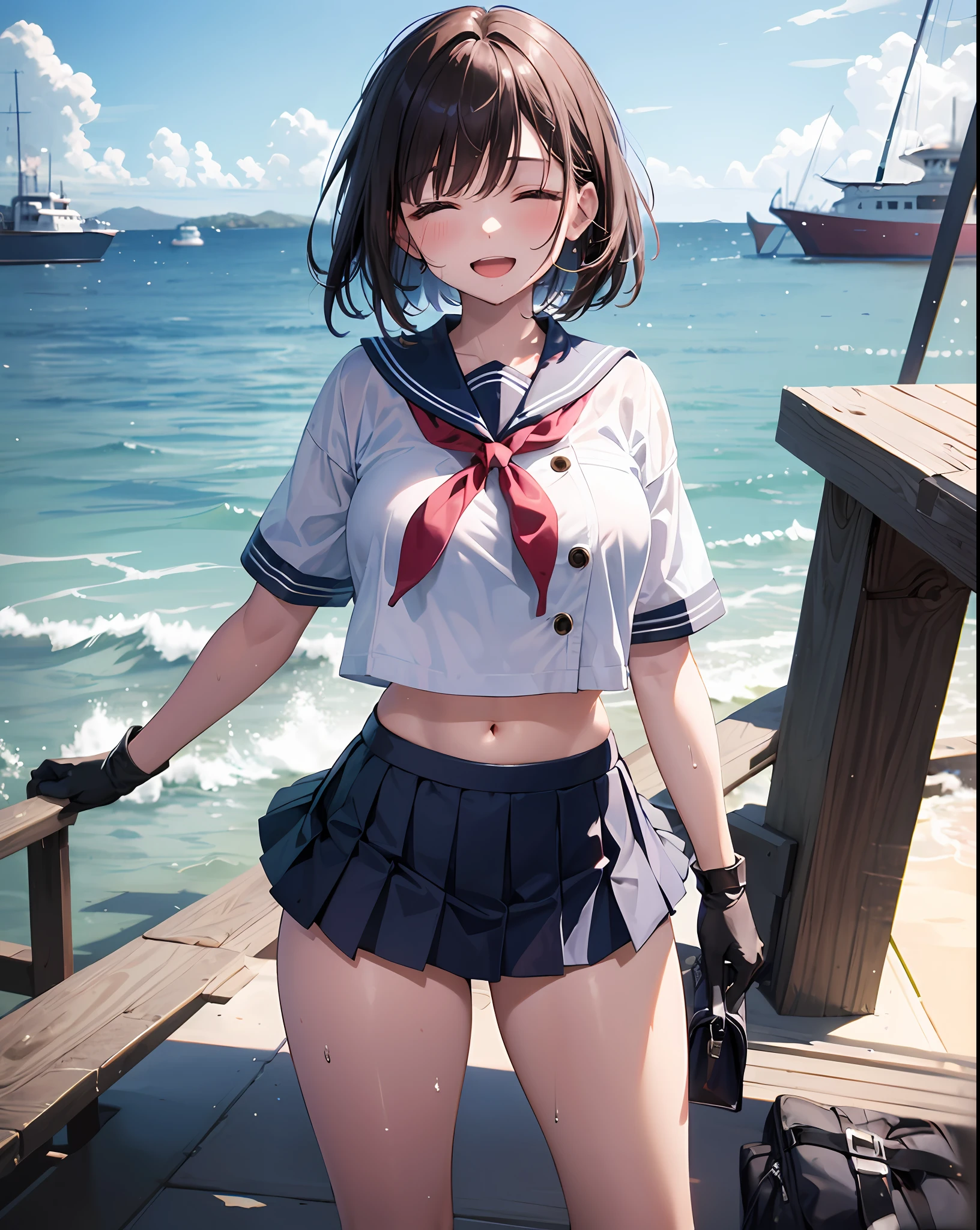 1young_teen_The girls、Loli、brown_hair、medium_bob_hair、blue_midriff_baring_sailor_uniform、mini_skirt、short_sleeve、thickthighs、big_tits,closed_eyes, Sorrisos、open_mouth、dynamic_pose_standing ,harbor_background、spread_legs、happiness、NSFW、short_gloves, wet,transparent,covered_nipples, covered_crotch, under_tits, sweat, bare_thighs, (groin:1.5), tan,