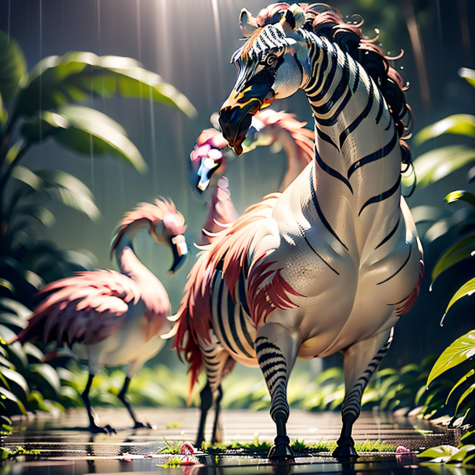 ((best quality)),((masterpiece)), hyper realistic illustration, (((ultra detailed)),, Scene structure: Enchanted forest: Winged zebras and flamingos dancing Hawaiian. Dense tropical forest. Wet rain. Beautiful sunset falling, movie light, cinematic, intricate details. Foliage rich in detail by Pixar, Walt Disney,, award-winning work, chromatic, 16K, motion blur, cinematic lighting, depth of field, reflection light, god rays, glowing light, blending, drop shadow, masterpiece, 135mm,