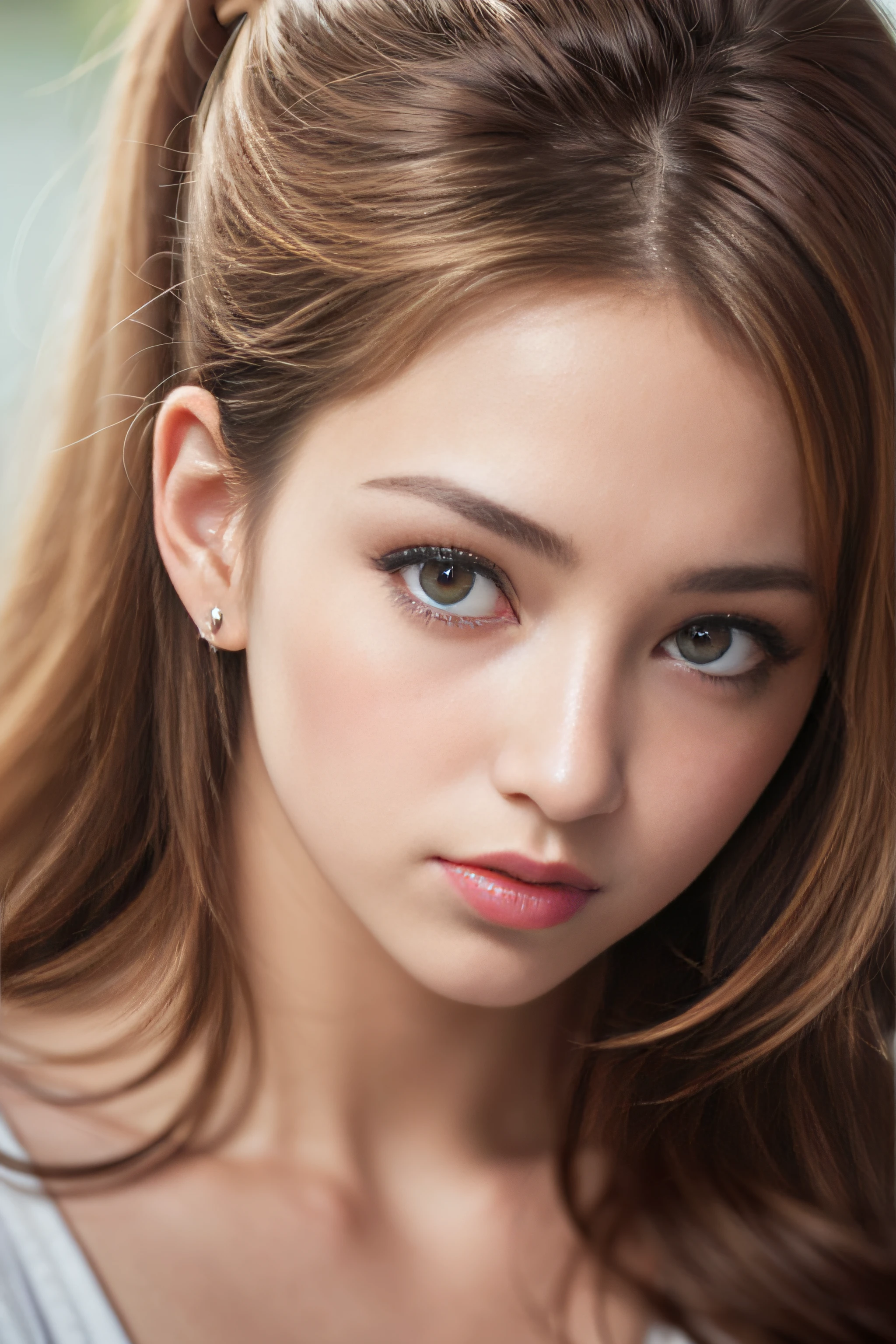 color photograph, close-up, ((a realistic photo of a beautiful girl)), (milalc), light, ((glowy skin)), looking_at_viewer, (fit body:1.0), ((medium breasts)), high ponytail, detailed illustration, masterpiece, high quality, realistic, very detailed face,