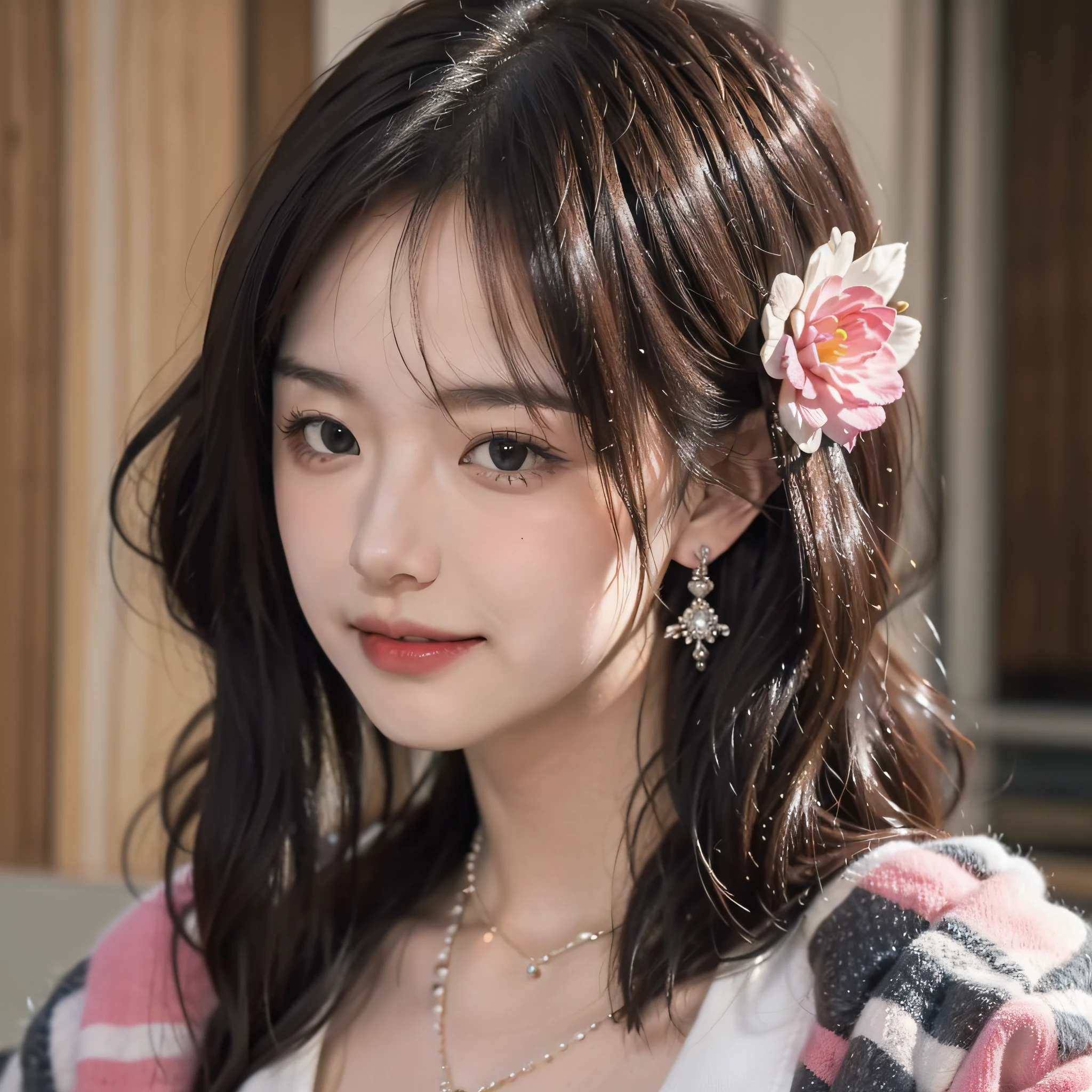 Best, Masterpiece, High Resolution, 1 Girl, Blush, (Seductive Smile: 0.8), Hair Accessory, Necklace, Jia, Tyndall Effect, Realism, Light Edge, Two-tone Lighting, (High Detail Skin: 1.2), 8K Ultra HD, DSLR, High Quality, Volume Lighting, Sneak Peek, Photo, High Resolution, 4K, 8K, Background Bokeh, Gorgeous Clothes, Earrings, 35mm, High Detail Hair, Upper Body, Bust, Portrait, Ultra Clear Face, (Lakeside, Meadow)