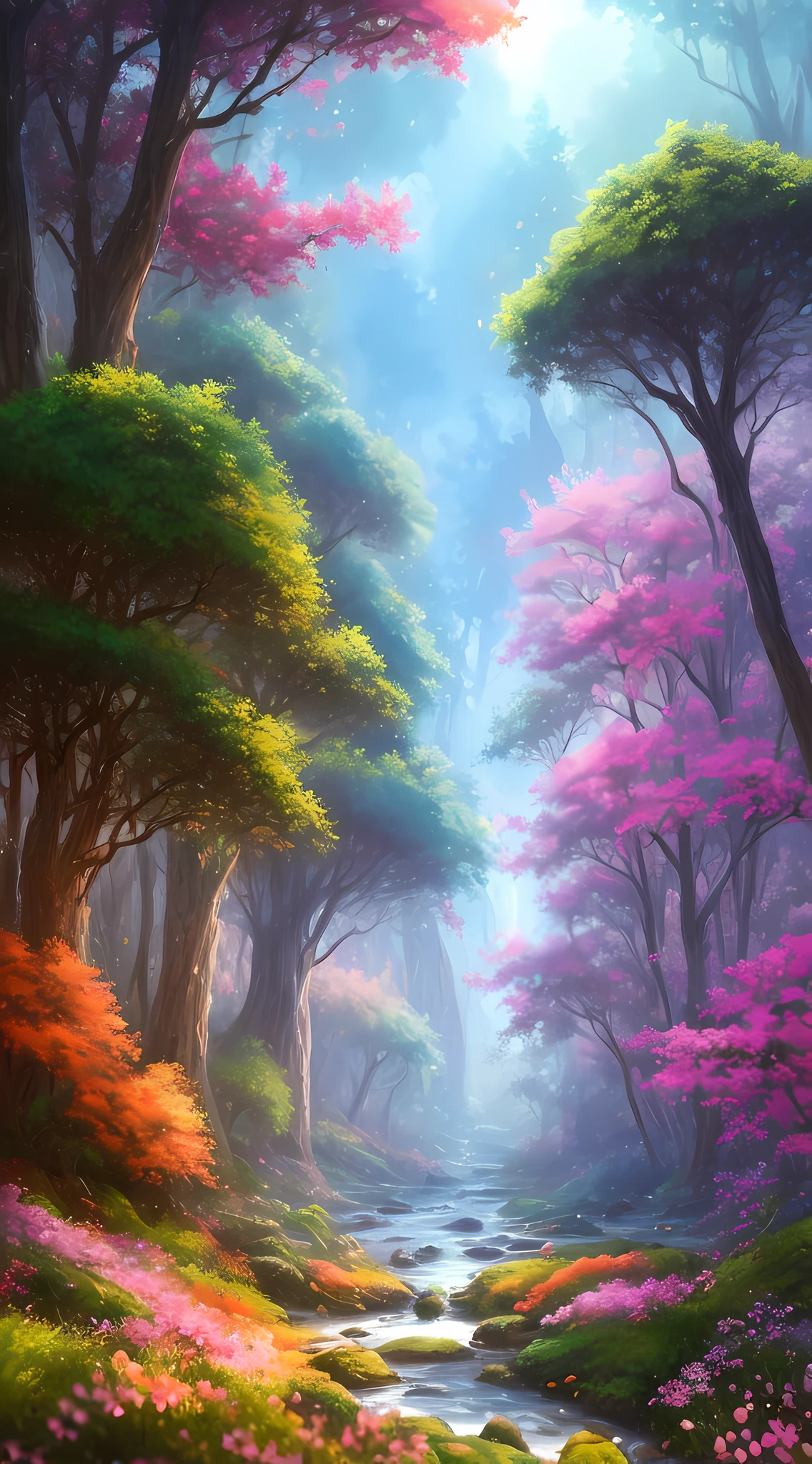 painting of a stream in a forest with trees and flowers, fantasy forest landscape, anime lush john 8k woods, magical fantasy forest, fantasy forest, beautiful art uhd 4 k, magical forest, magical landscape, detailed painting 4 k, fantasy art landscape, beautiful iphone wallpaper, 4 k vertical wallpaper, 4k vertical wallpaper, 8k stunning artwork
