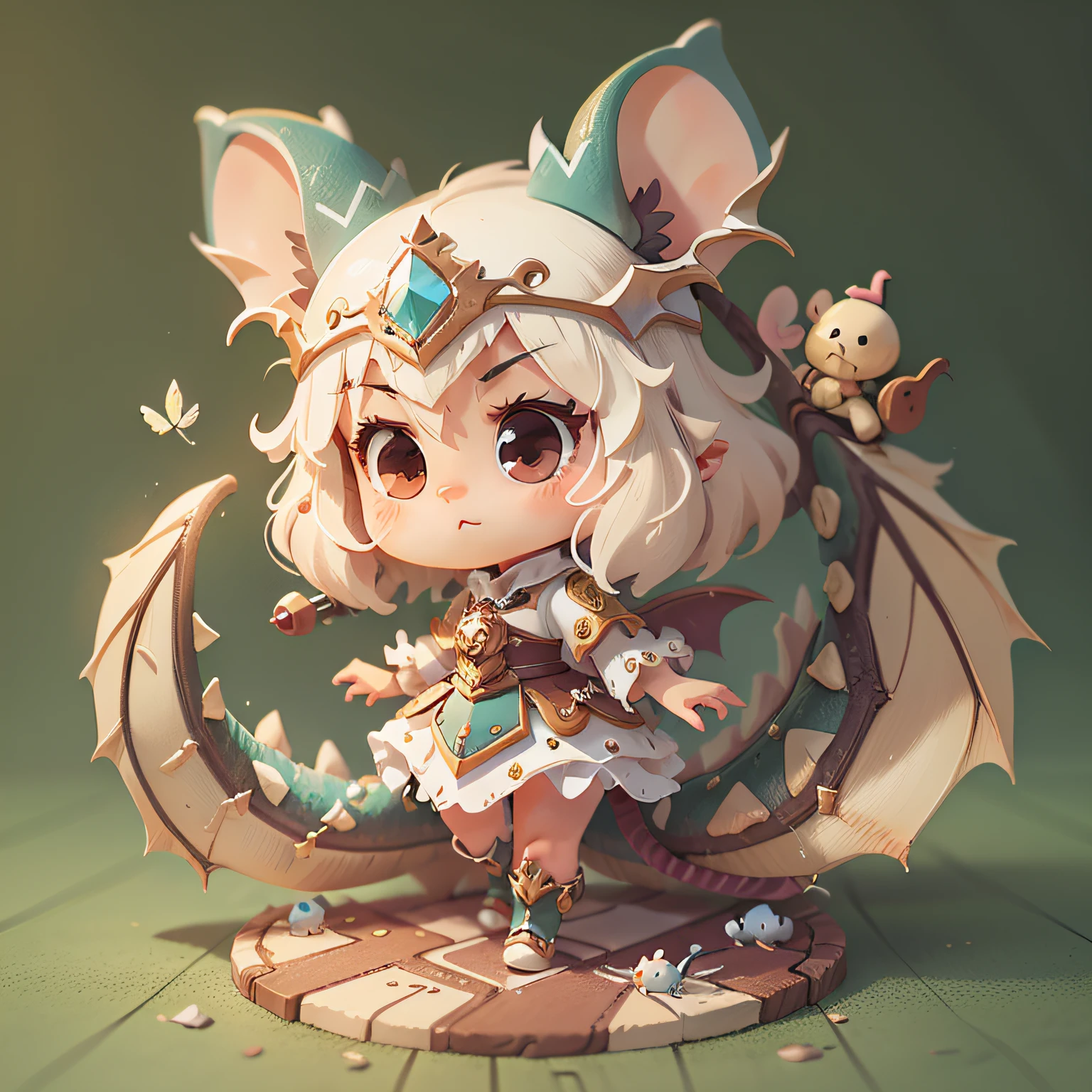 chibi, mouse, cute, white dragon princess, bigbadejo, full body, masterpiece, 3D Rendering, Best Quality, Lots of Detail, (plain background), vinyl toy figurine