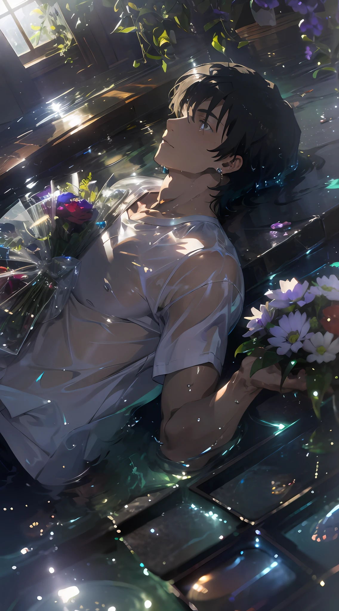 1boy, male, man, boy, teenager, young man, physically based rendering, professional lighting, extreme detail, white shirt, bouquet, cross earrings, lying on water, high brightness, refreshing, soft light, ((single))), (solo), lying down, wet, transparent shirt